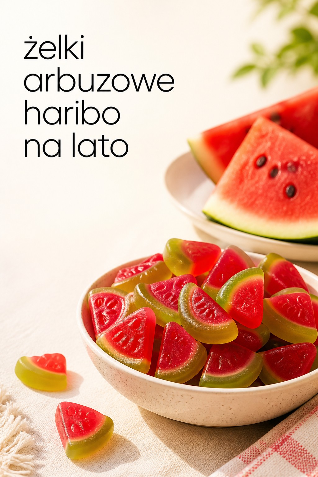 Żelki arbuzowe haribo lato żelki arbuzowe haribo w misce z kawałkami arbuza