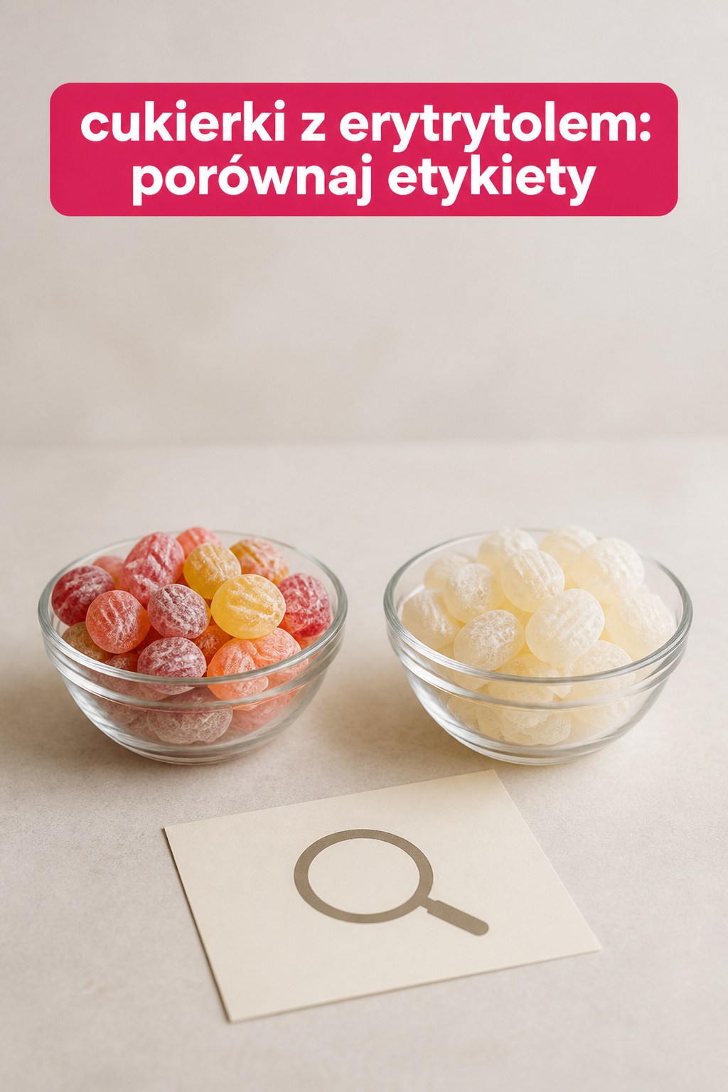 Cukierki z erytrytolem etykiety Cukierki z erytrytolem w dwóch miskach do porównania etykiet