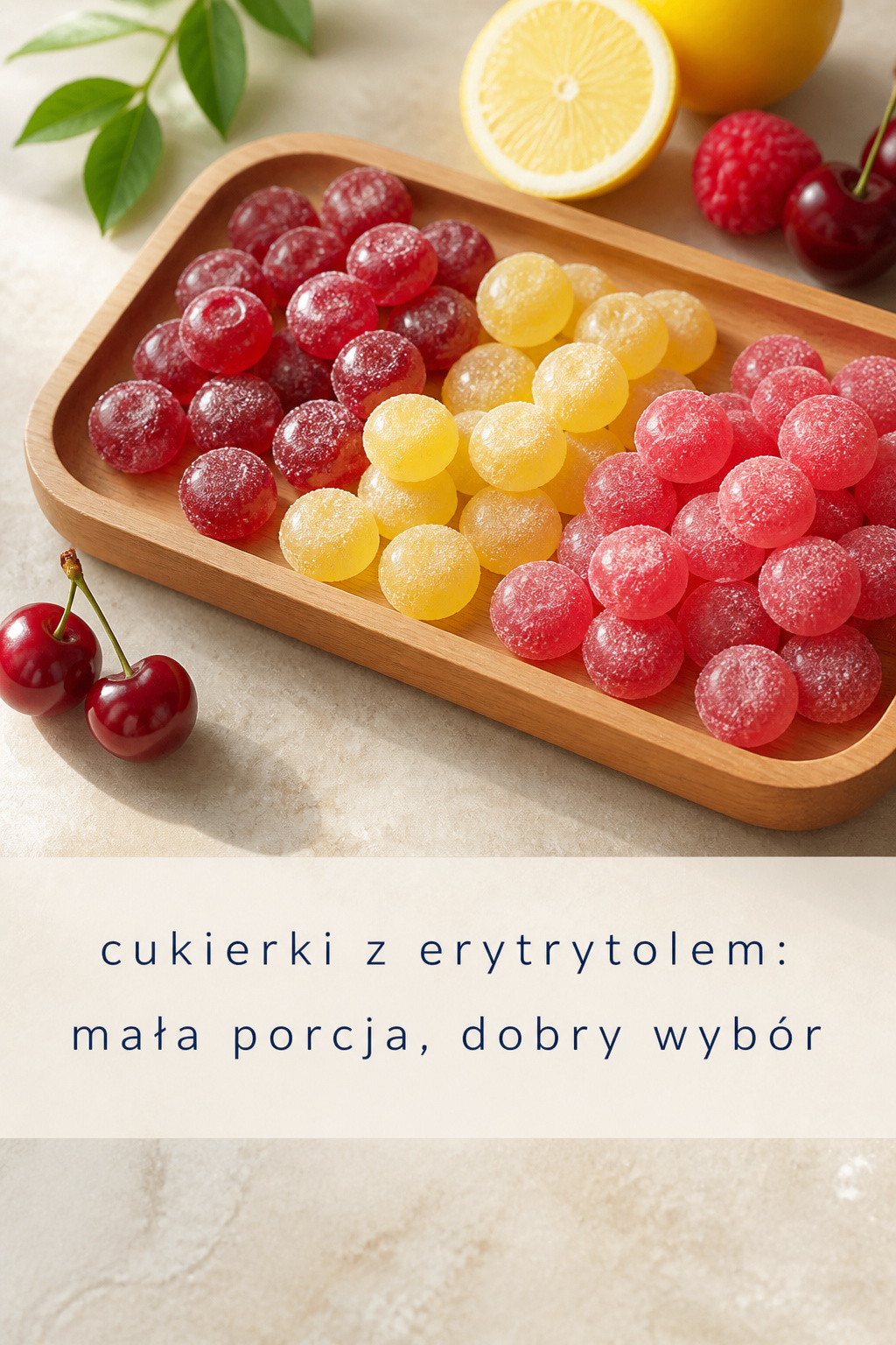 Cukierki z erytrytolem porcja Cukierki z erytrytolem owocowe na drewnianej tacce