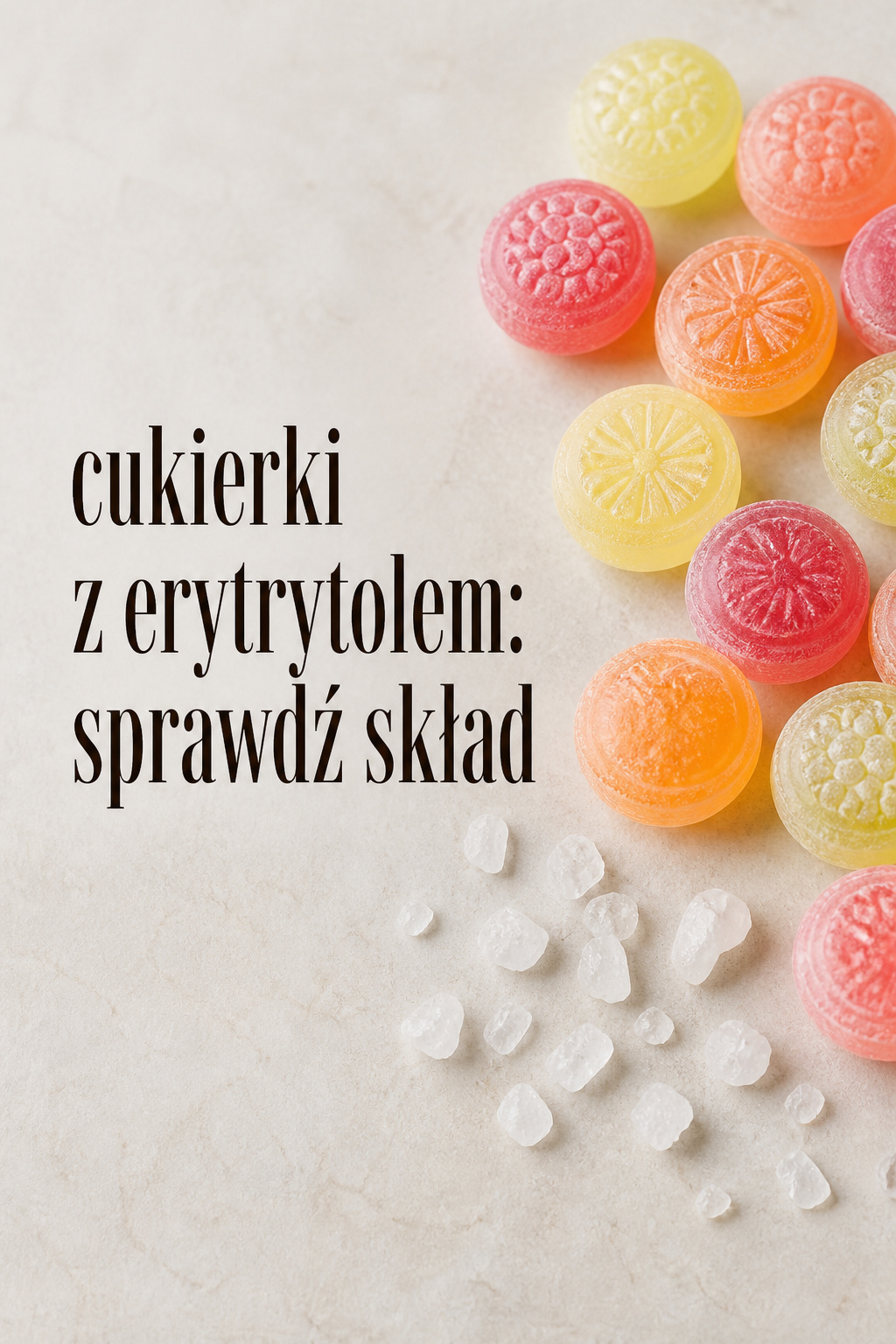 Cukierki z erytrytolem skład Cukierki z erytrytolem na jasnym tle z kryształkami erytrytolu