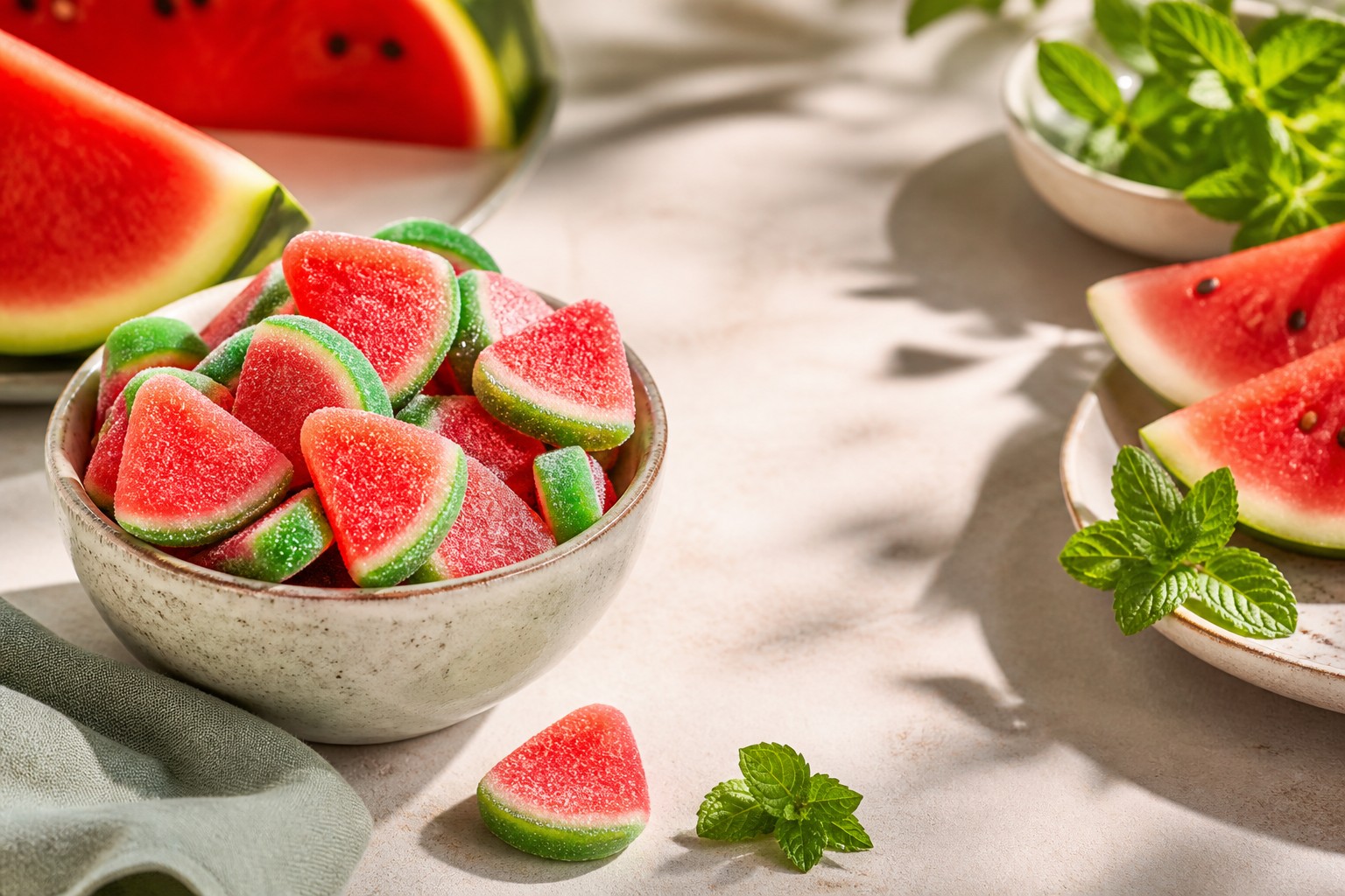 Żelki arbuzowe haribo w misce z arbuzem i miętą