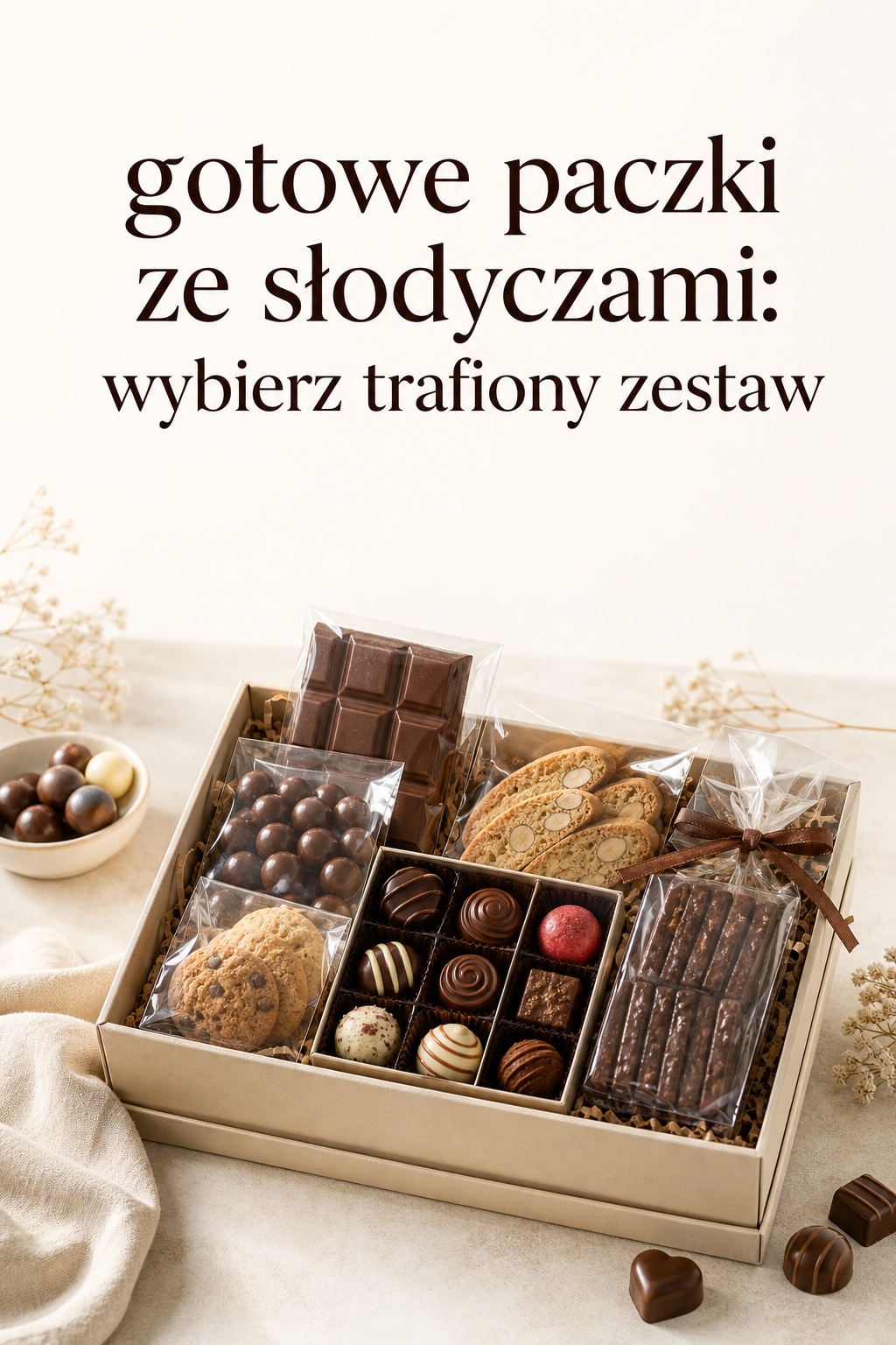 Gotowe paczki ze słodyczami box czekolada praliny Gotowe paczki ze słodyczami w pudełku z czekoladą, pralinami i ciastkami