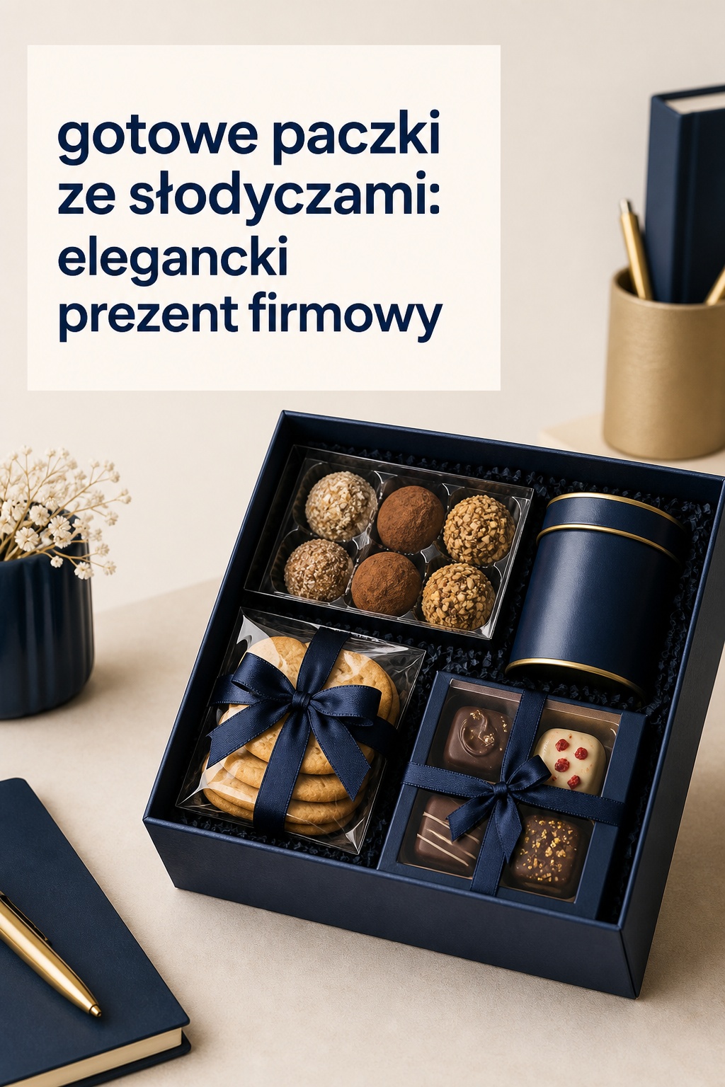 Gotowe paczki ze słodyczami prezent firmowy Gotowe paczki ze słodyczami jako elegancki prezent firmowy z pralinami i herbatą