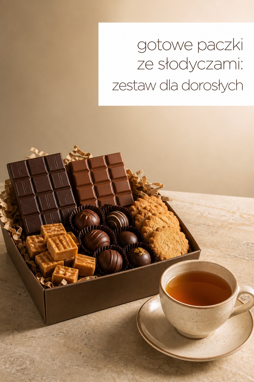 Gotowe paczki ze słodyczami zestaw dla dorosłych Gotowe paczki ze słodyczami dla dorosłych z czekoladą, pralinami i herbatą