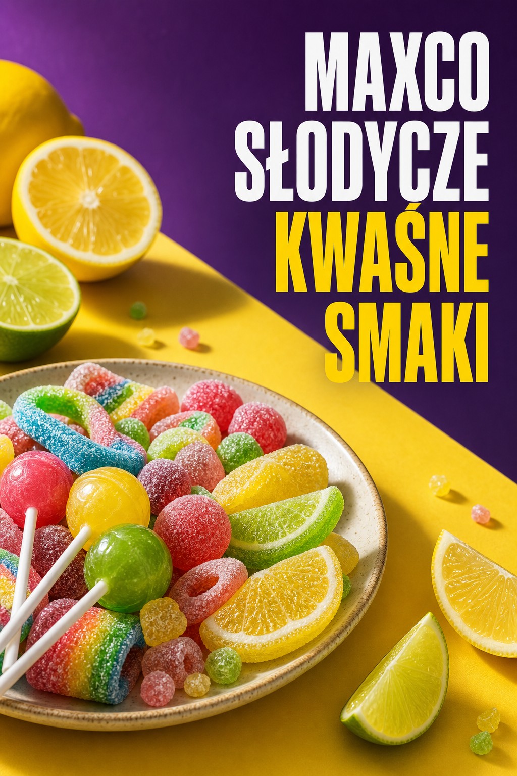 maxco słodycze o kwaśnych smakach z cytrusami i żelkami