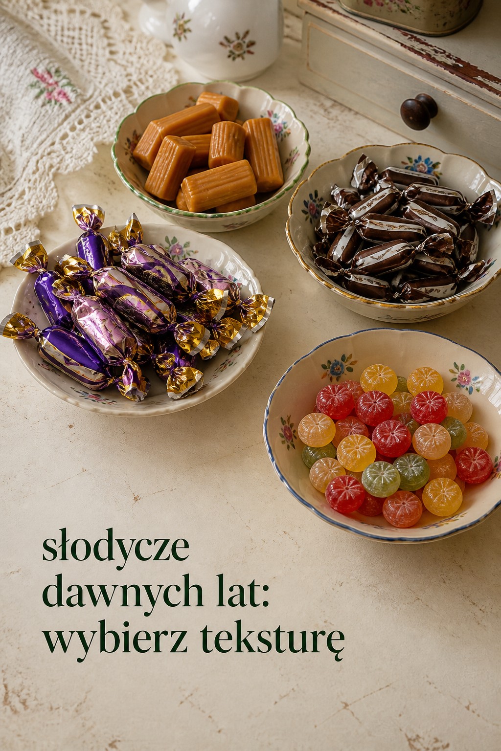słodycze dawnych lat: irysy, Kukułki i landrynki w miseczkach