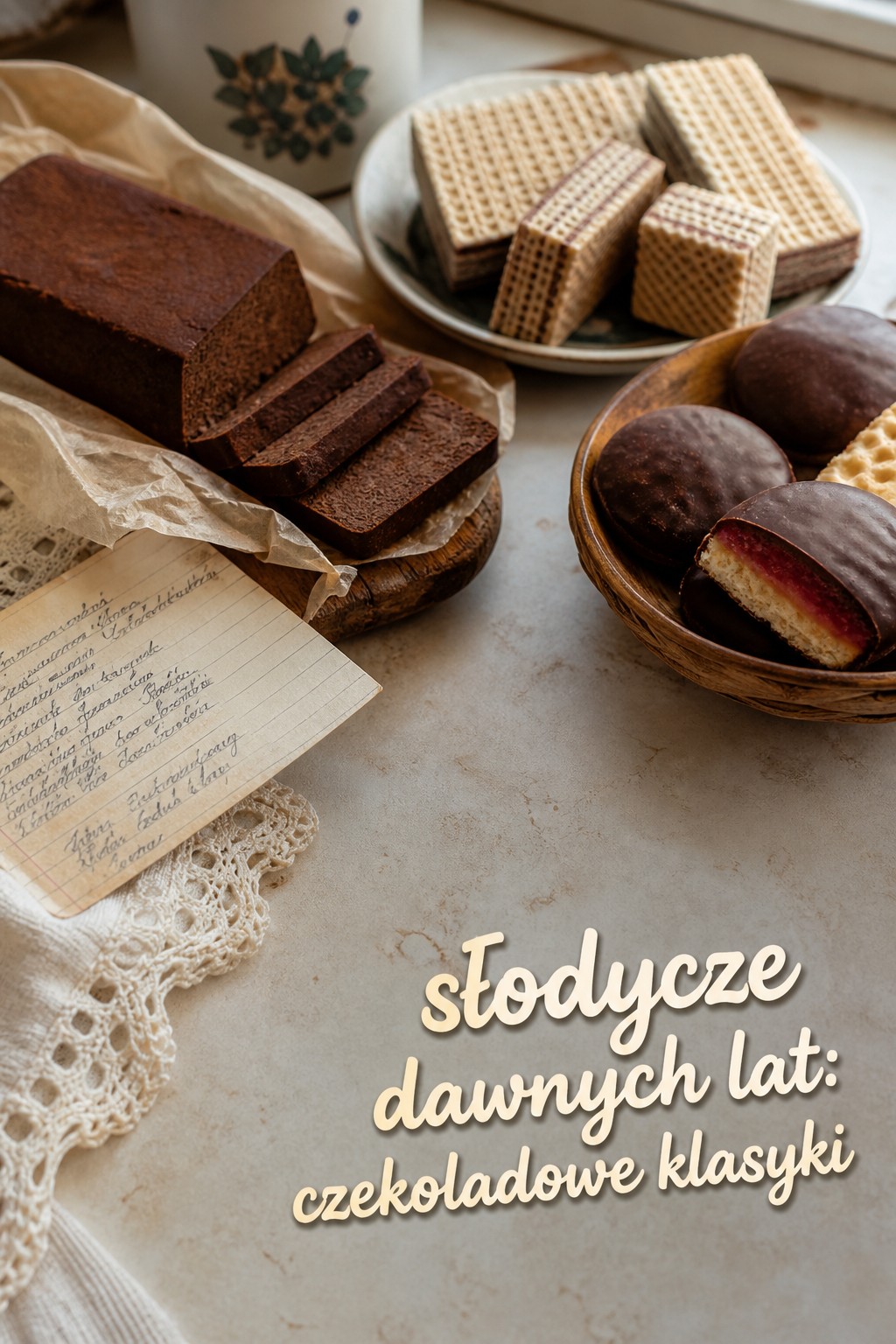 słodycze dawnych lat: blok czekoladowy i wafle na stole