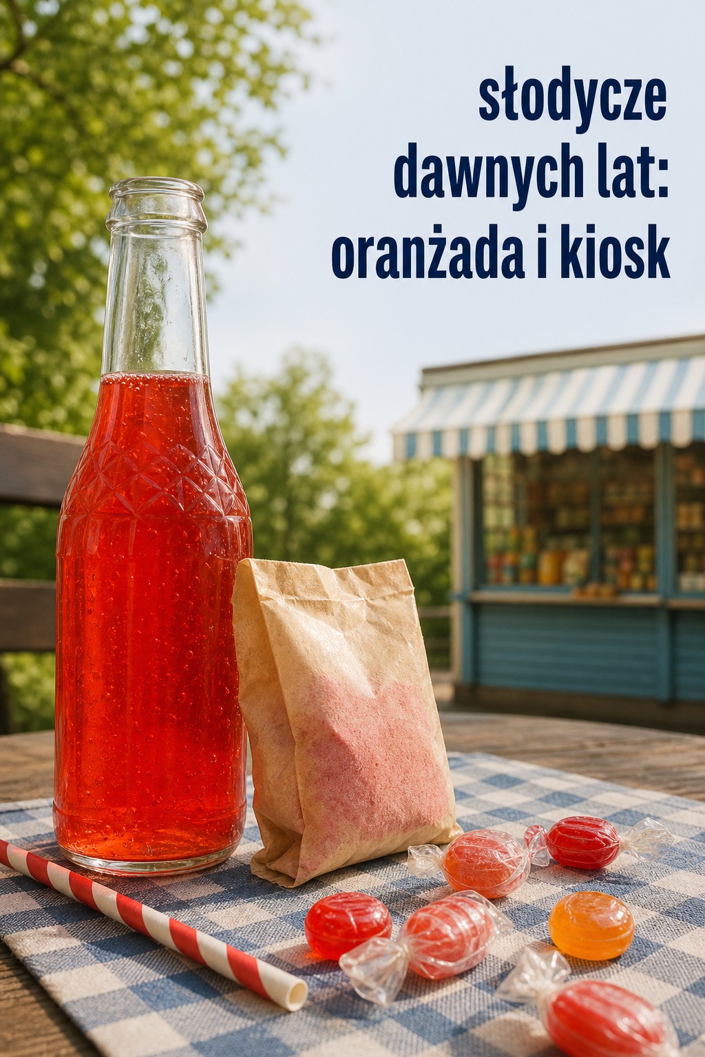 słodycze dawnych lat z oranżadą i cukierkami na piknikowym stole