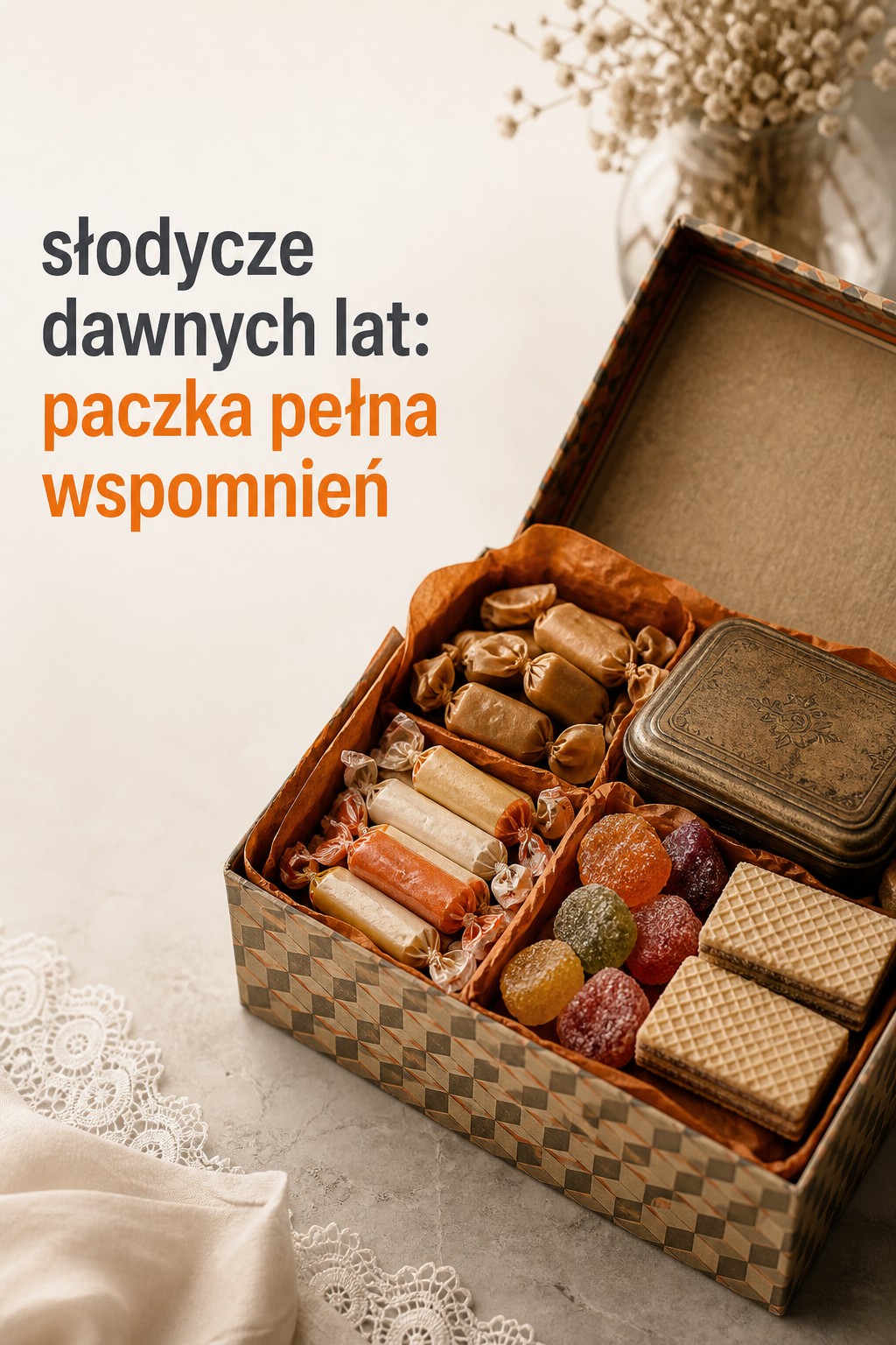 słodycze dawnych lat w retro paczce prezentowej z cukierkami