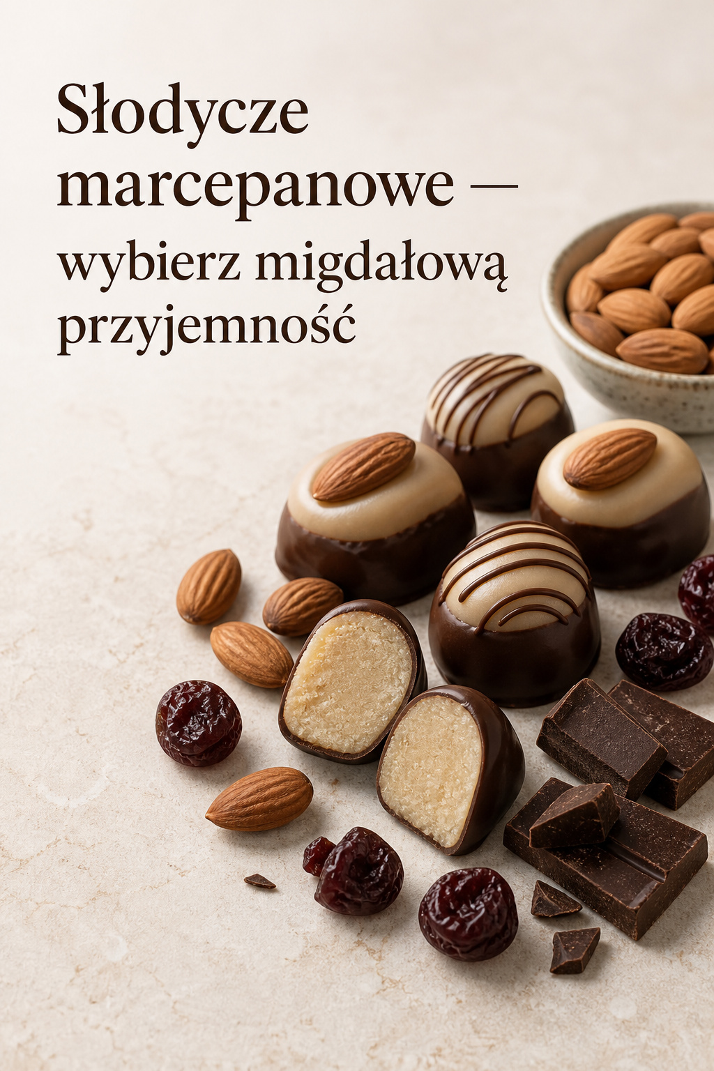 Słodycze marcepanowe praliny Słodycze marcepanowe w czekoladzie z migdałami i wiśniami