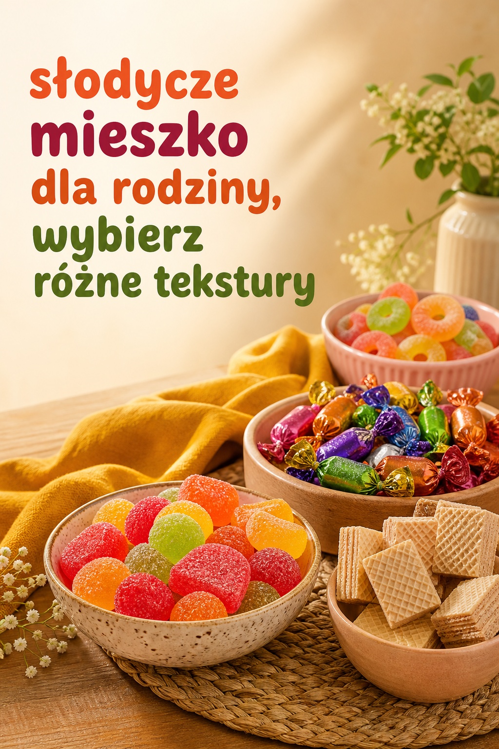 Słodycze Mieszko rodzinny stół słodycze mieszko: kolorowy rodzinny stół z żelkami i waflami