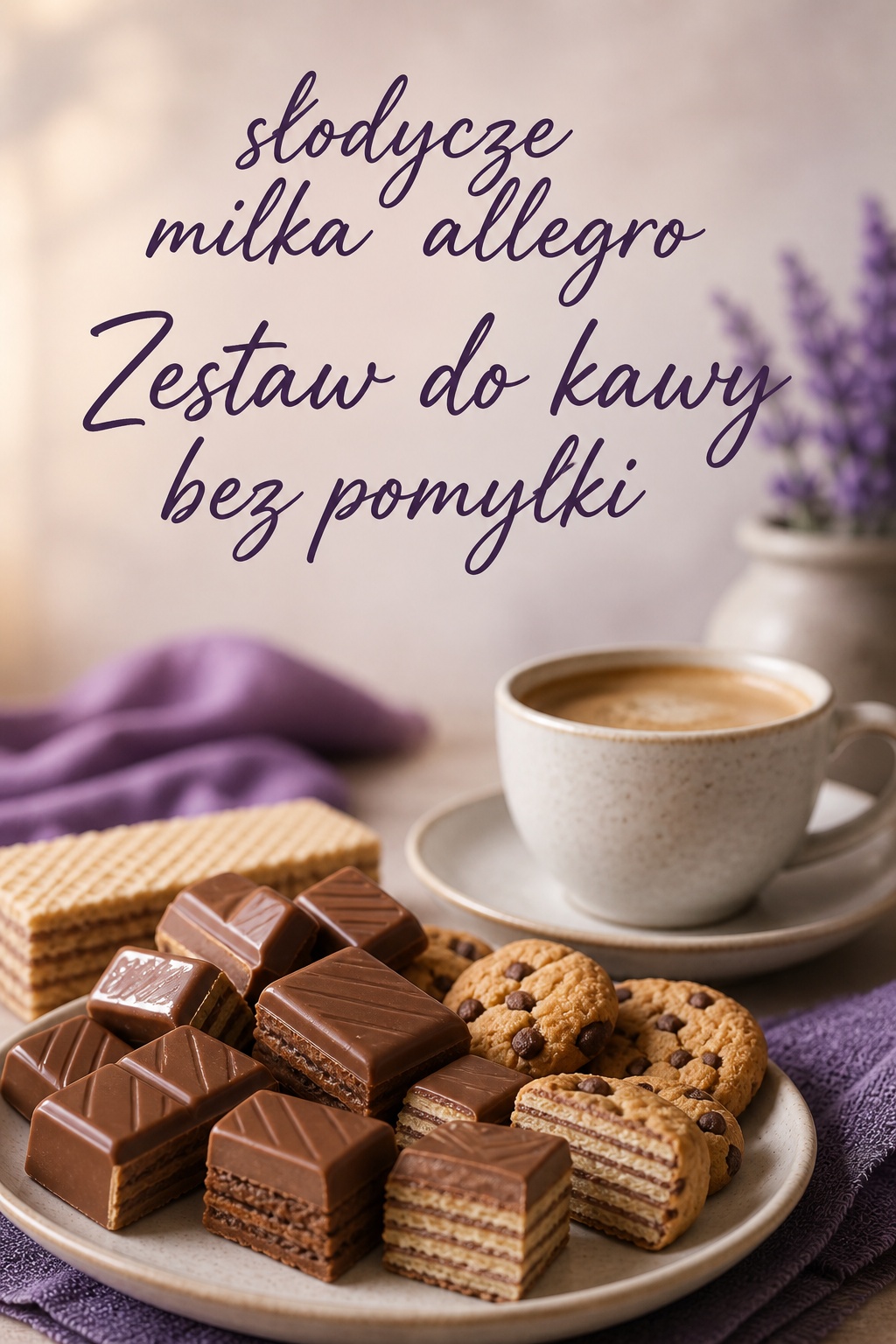 słodycze milka allegro podane do kawy z waflami i ciastkami