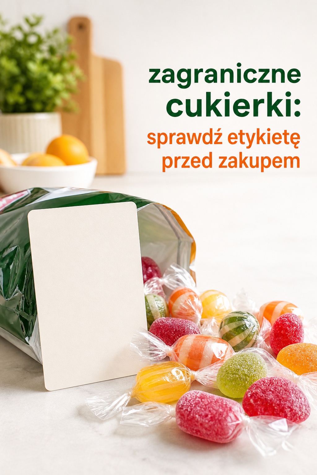 Zagraniczne cukierki i etykieta Zagraniczne cukierki obok pustej karty do sprawdzenia etykiety
