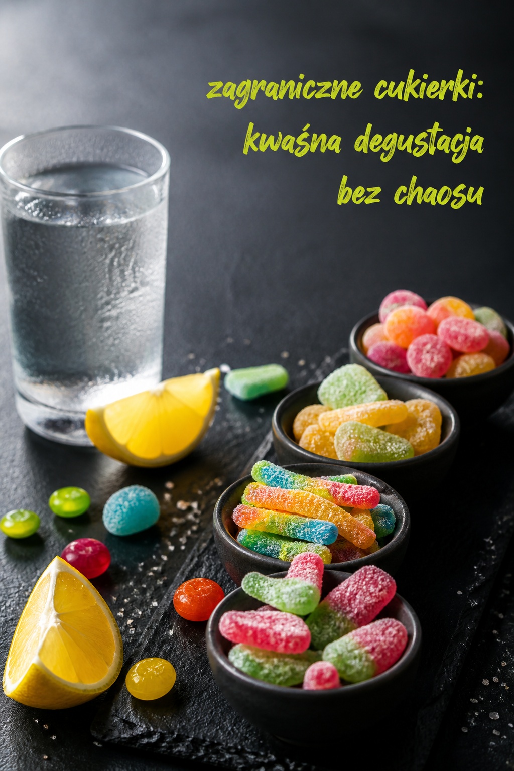 Zagraniczne cukierki kwaśna degustacja Zagraniczne cukierki kwaśne z cytryną i szklanką wody