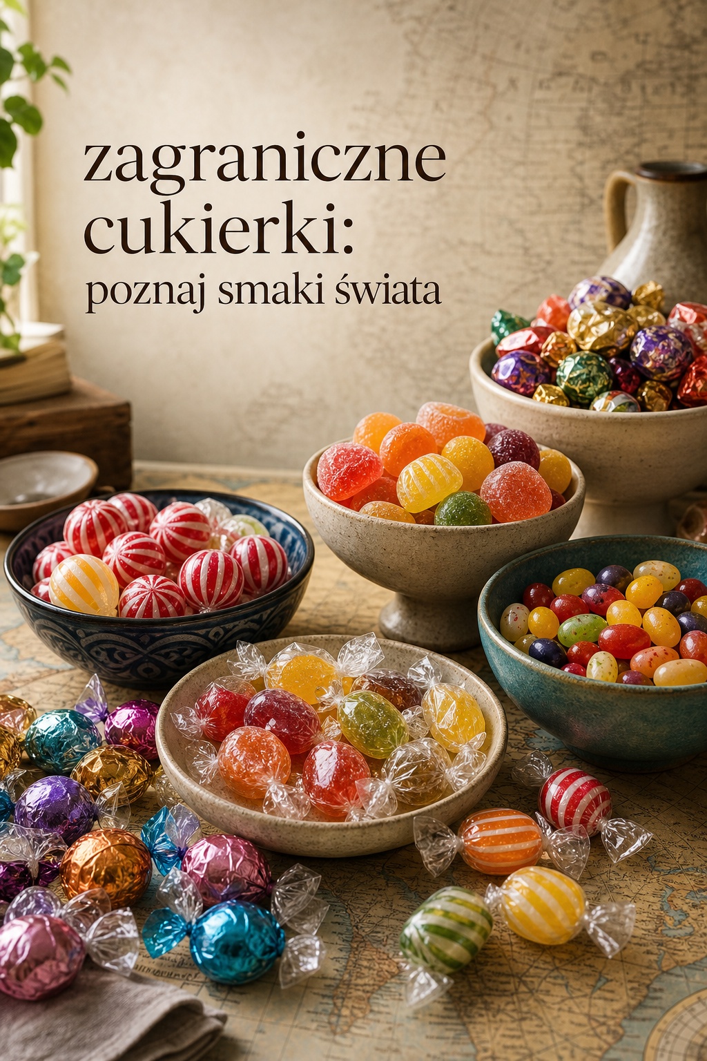 Zagraniczne cukierki i smaki świata Zagraniczne cukierki w kolorowych miseczkach na mapie świata