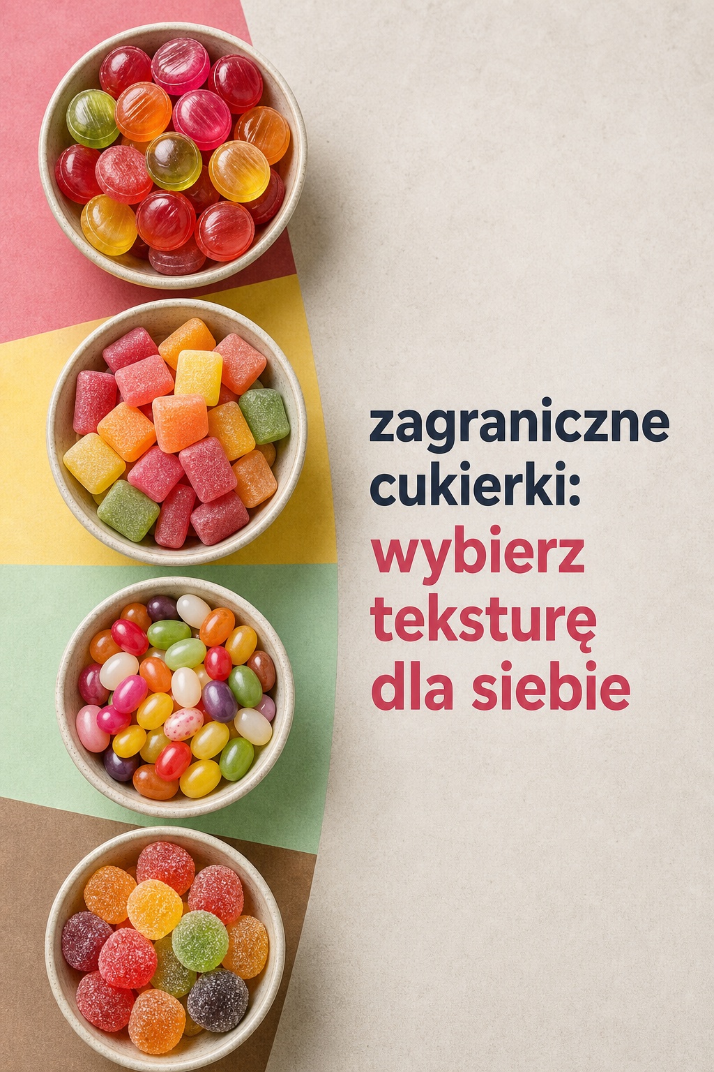 Zagraniczne cukierki według tekstury Zagraniczne cukierki podzielone według tekstury w miseczkach