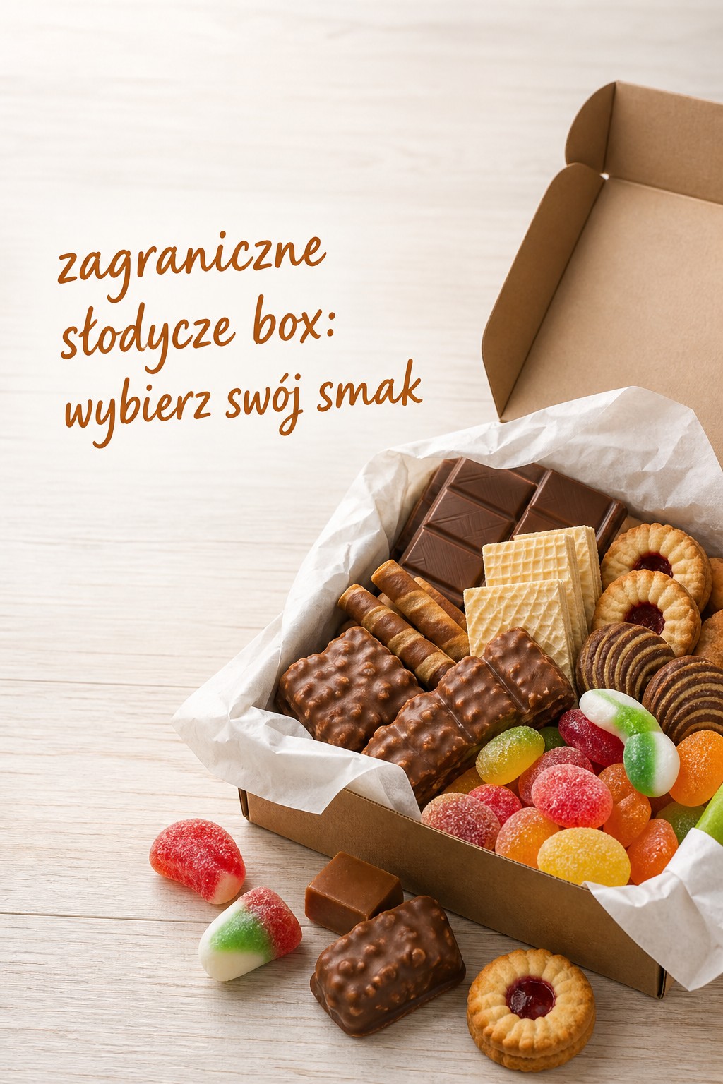 zagraniczne słodycze box w otwartym pudełku z żelkami i czekoladą