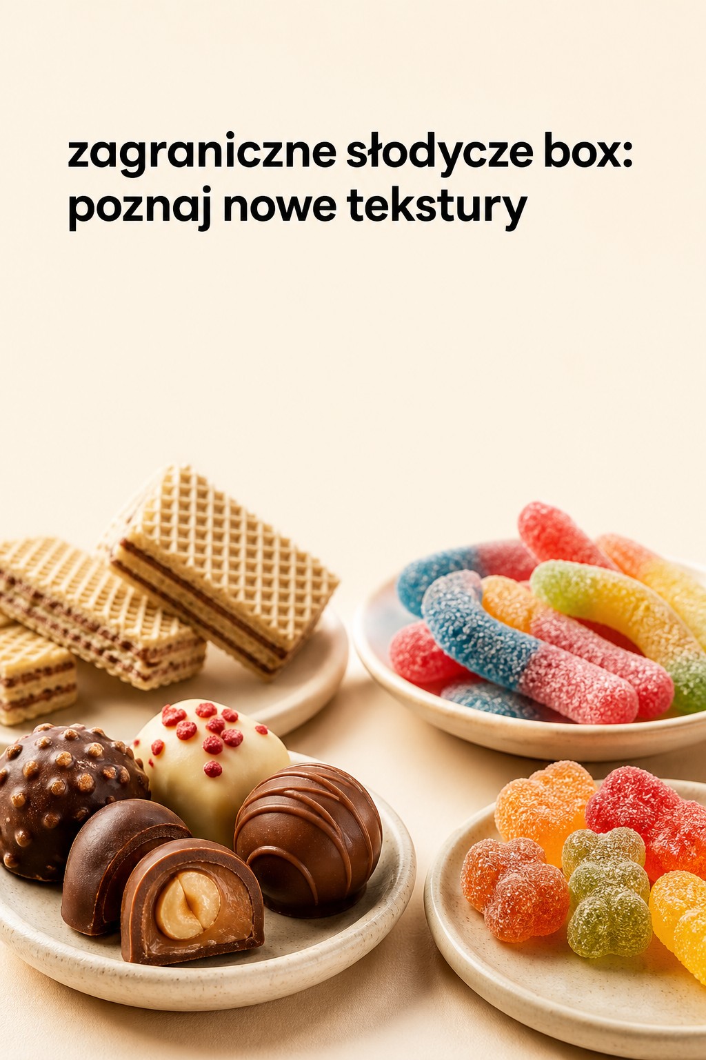 zagraniczne słodycze box pokazujący różne tekstury pralin i żelków