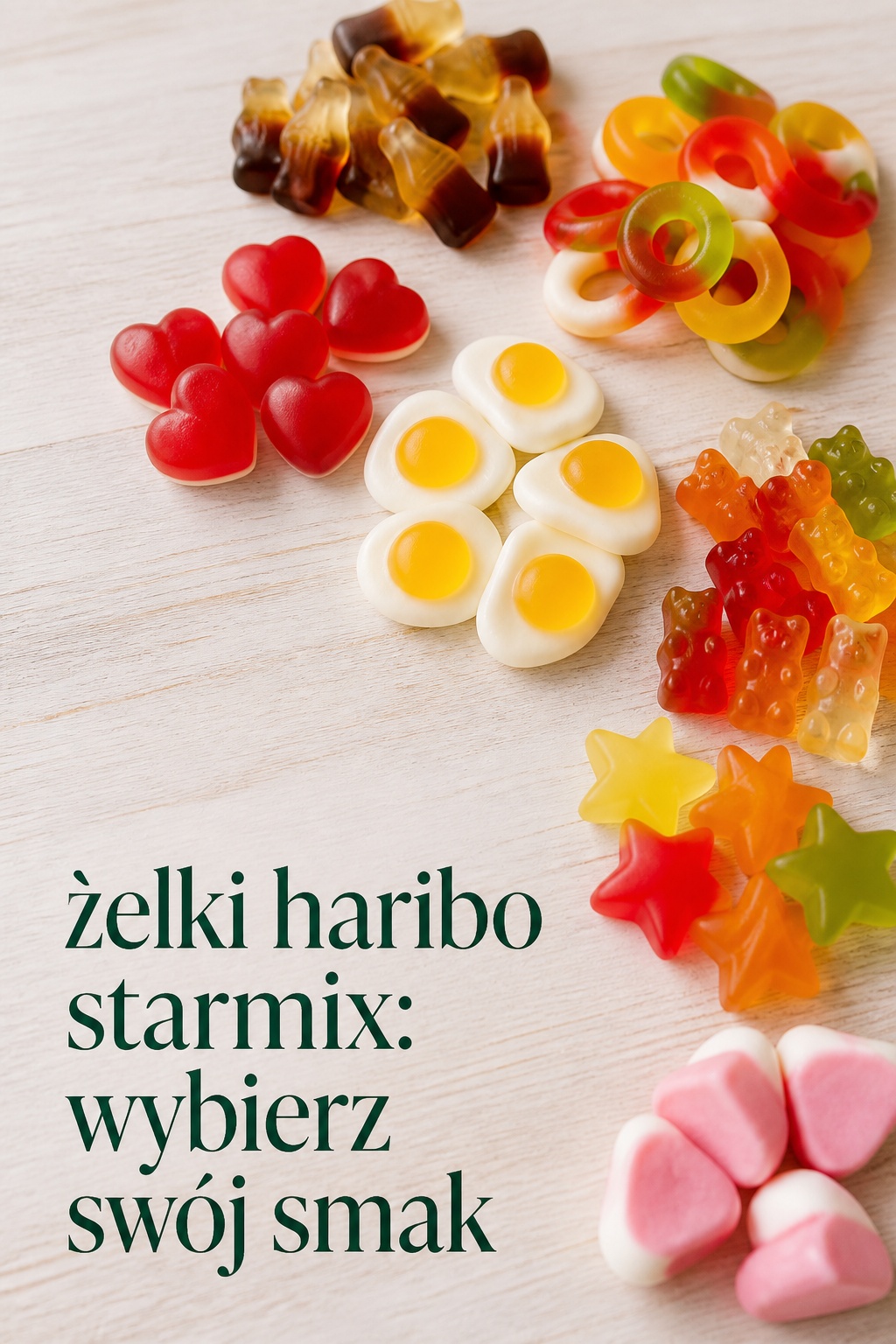 Żelki haribo starmix: smaki żelki haribo starmix podzielone według smaków na jasnym stole