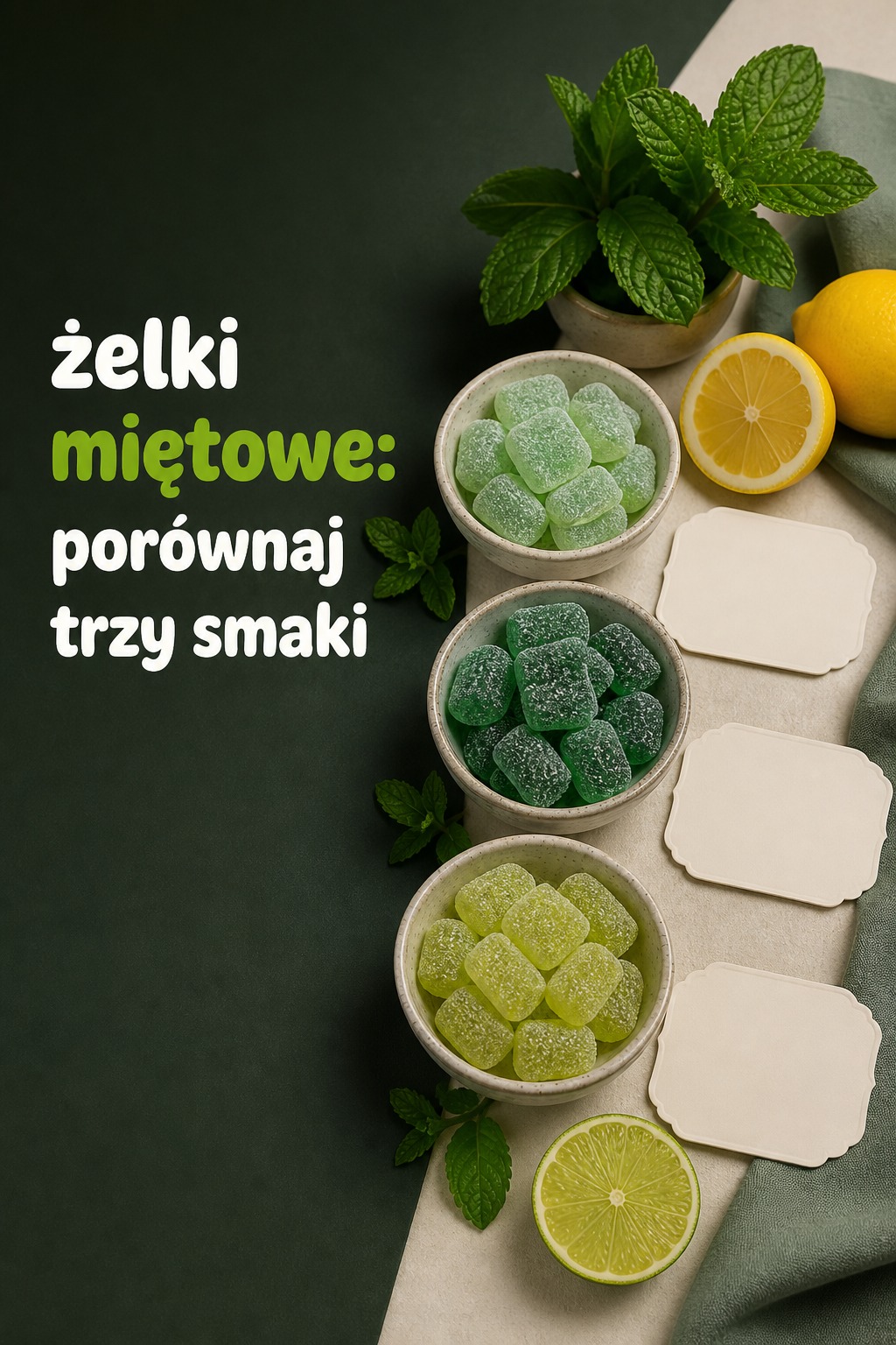 Żelki miętowe: trzy smaki Żelki miętowe w trzech miskach do porównania smaków