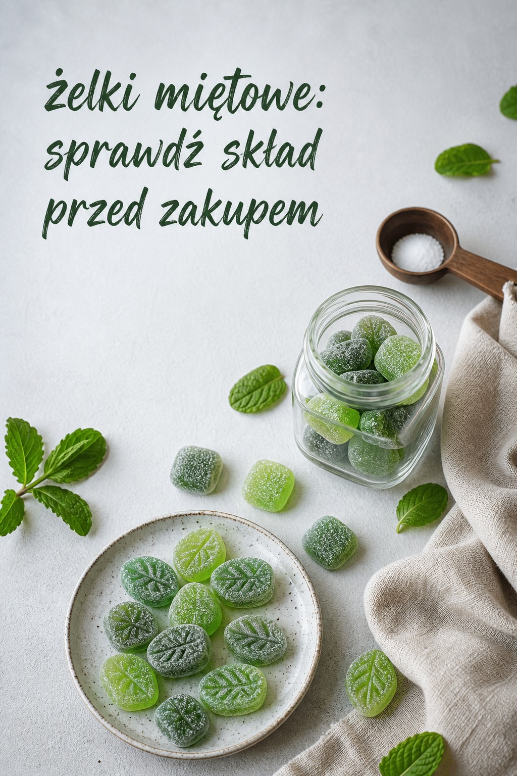 Żelki miętowe i skład Żelki miętowe w słoiku z miętą i dodatkami do czytania etykiety