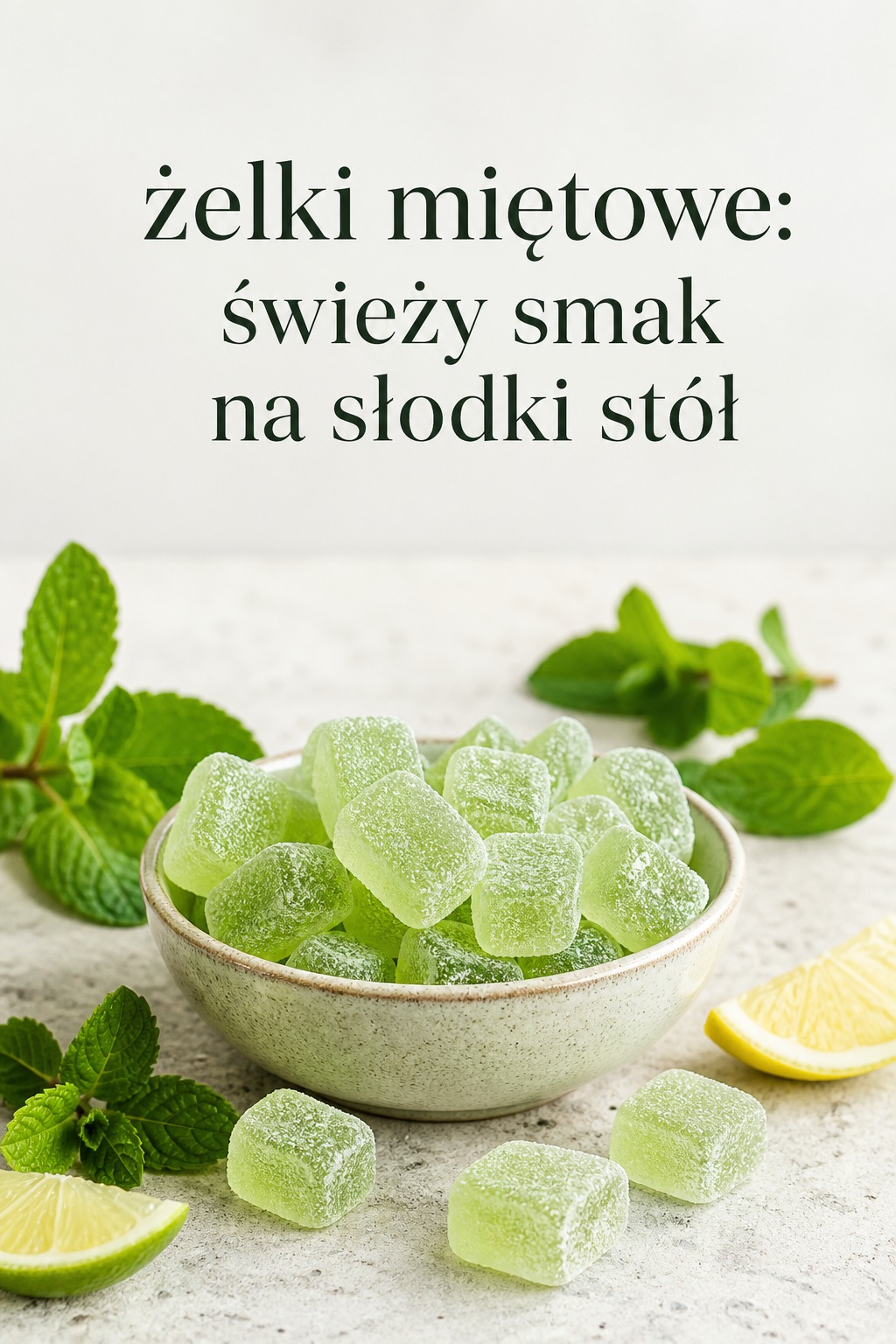 Żelki miętowe i świeży smak Żelki miętowe w miseczce z liśćmi mięty i cytrusami