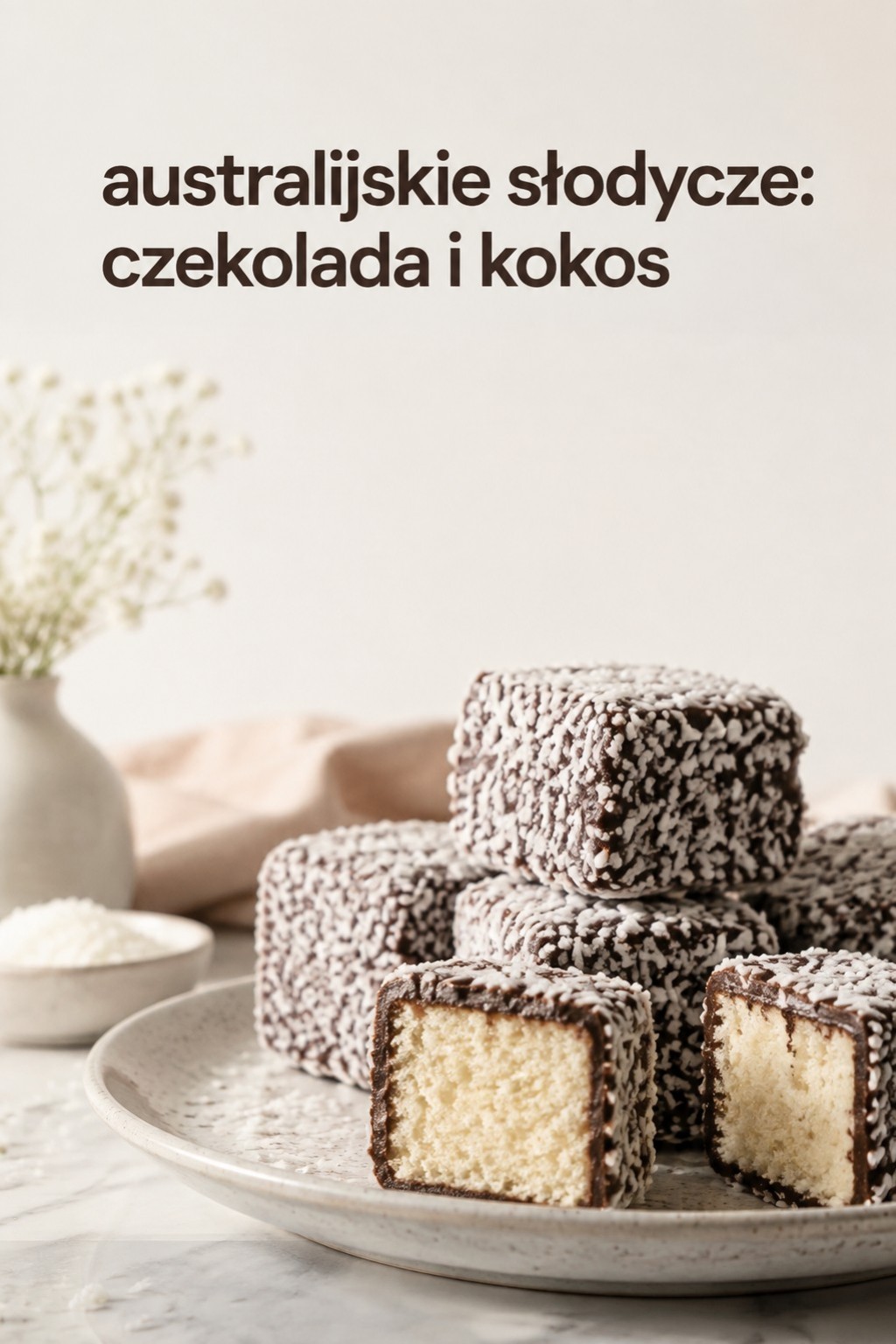australijskie słodycze, czekoladowe lamingtony z kokosem