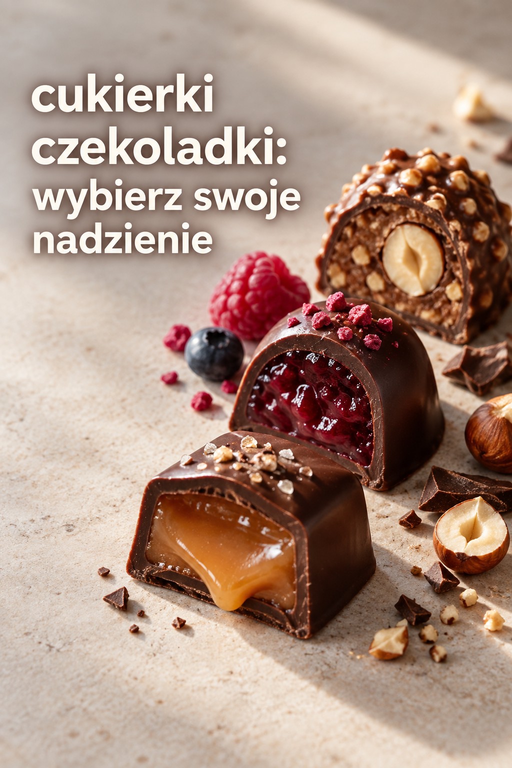 Cukierki czekoladki różne nadzienia cukierki czekoladki z karmelem owocami i orzechami w przekroju