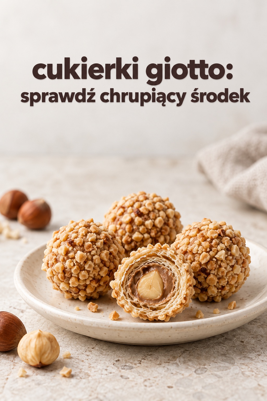 Cukierki Giotto, chrupiący środek cukierki Giotto, przekrój kulki z widocznymi warstwami wafla i kremu