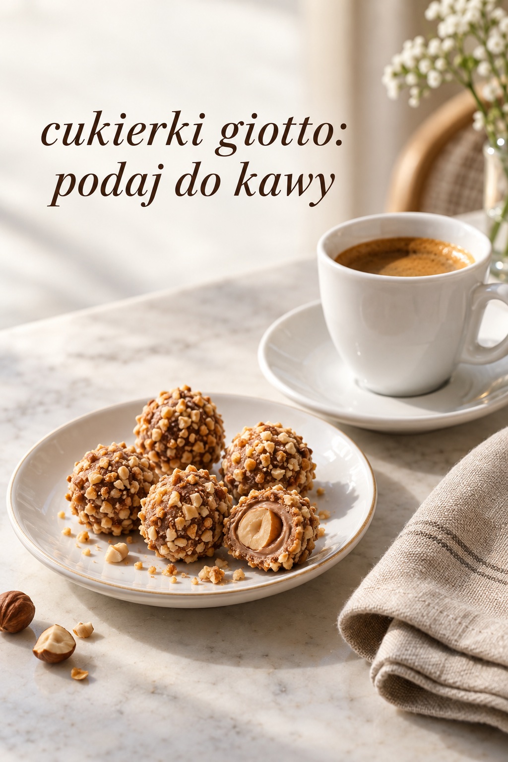 Cukierki Giotto do kawy cukierki Giotto podane na talerzyku obok filiżanki espresso