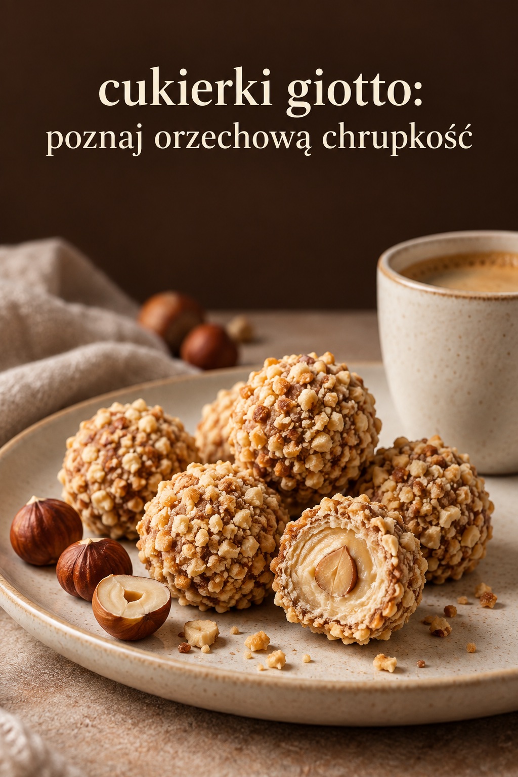 Cukierki Giotto, przekrój praliny cukierki Giotto z kremowym środkiem i chrupiącą posypką z orzechów laskowych
