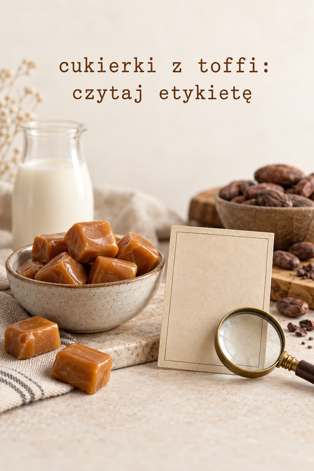 Cukierki z toffi i etykieta cukierki z toffi przy pustej karcie etykiety i lupie