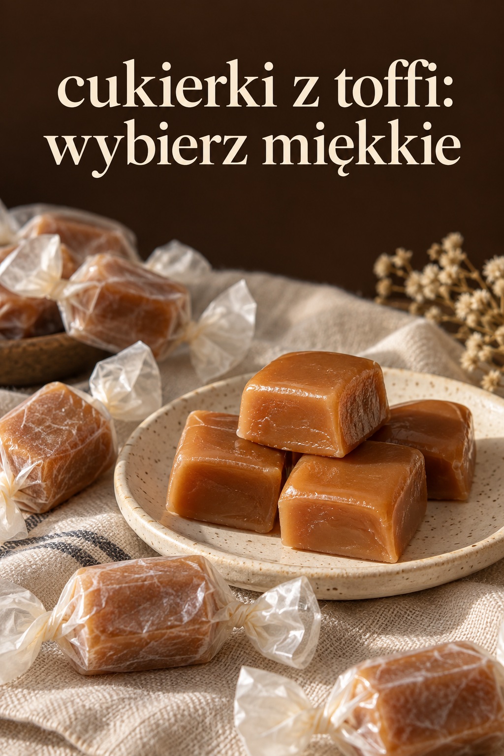 Cukierki z toffi: miękkie ciągutki cukierki z toffi w papierkach i miękkie karmelowe kostki na talerzu