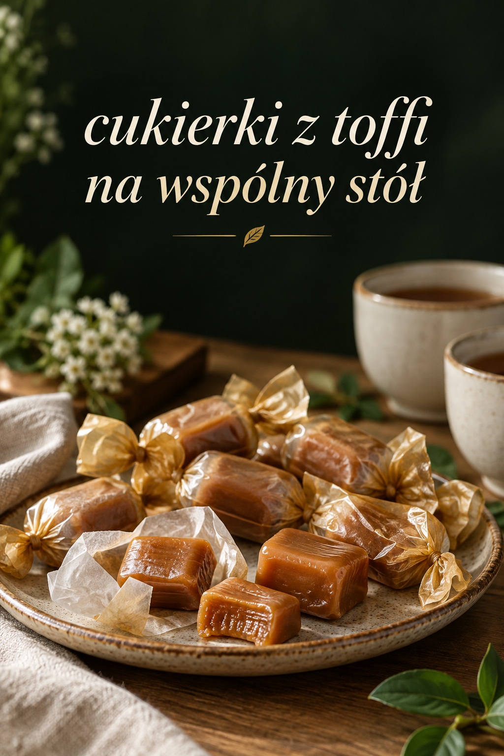 Cukierki z toffi na wspólny stół cukierki z toffi podane na wspólnym talerzu obok filiżanek herbaty