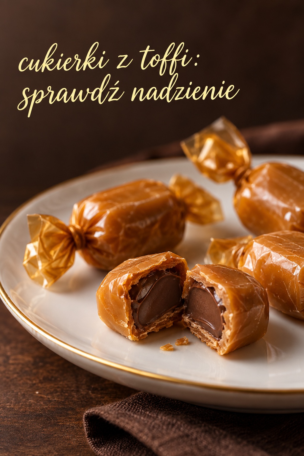 Cukierki z toffi z czekoladą cukierki z toffi przekrojone i wypełnione czekoladowym nadzieniem