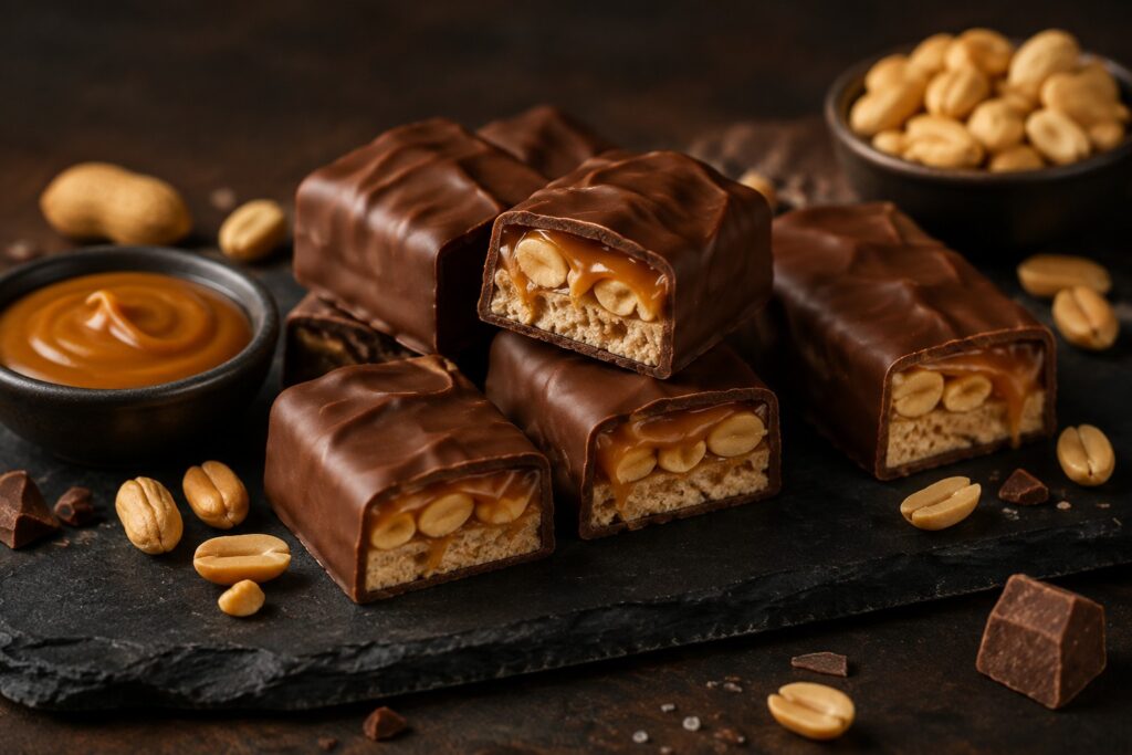 czekolada snickers z karmelem i orzeszkami na czarnej desce