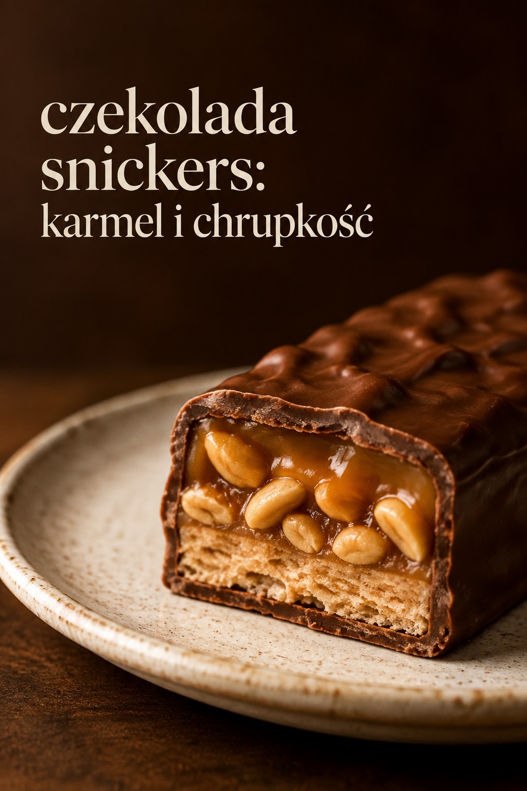 czekolada snickers z karmelem i orzeszkami na talerzu