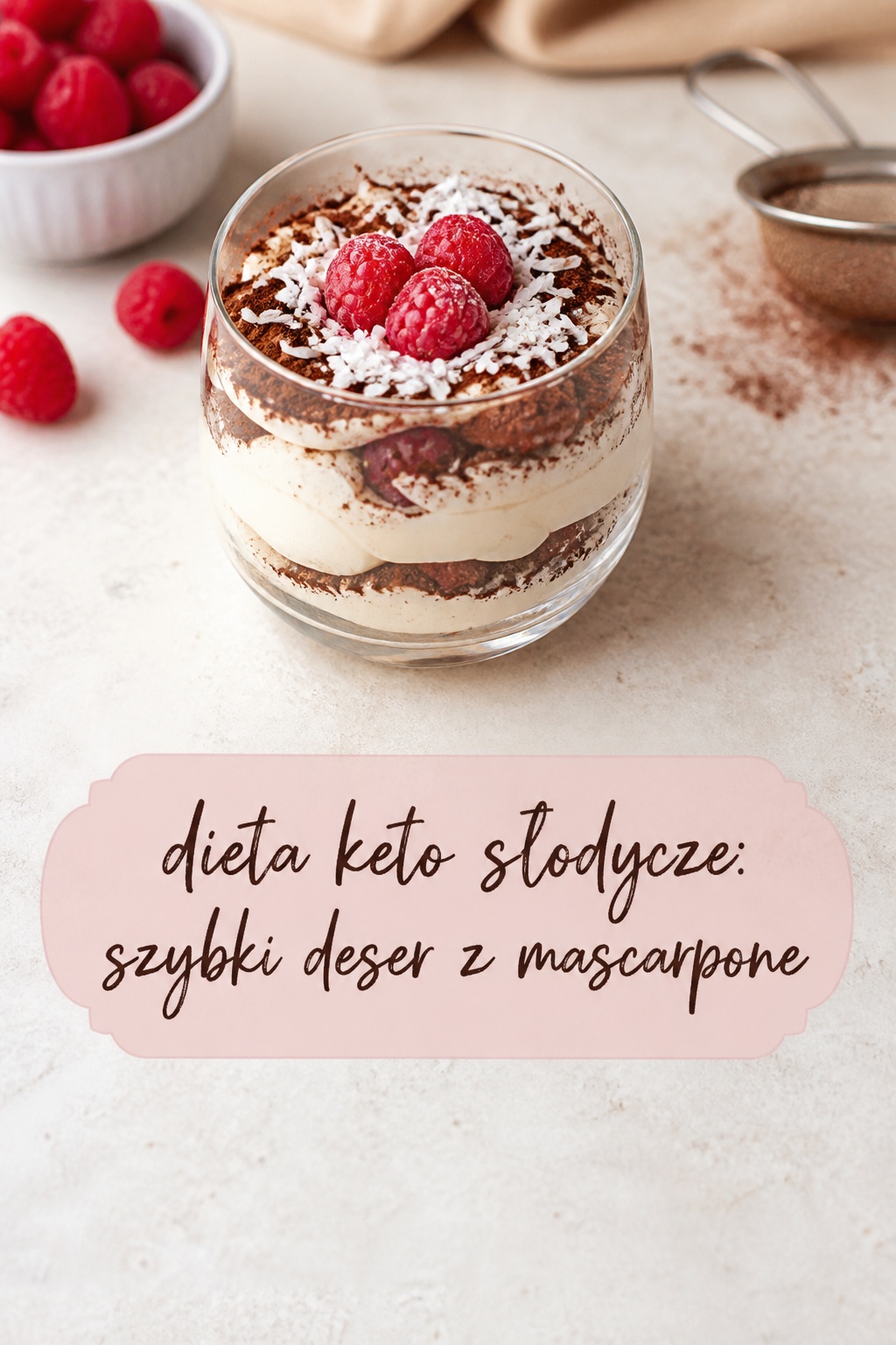 dieta keto słodycze: deser z mascarpone, kakao i malinami
