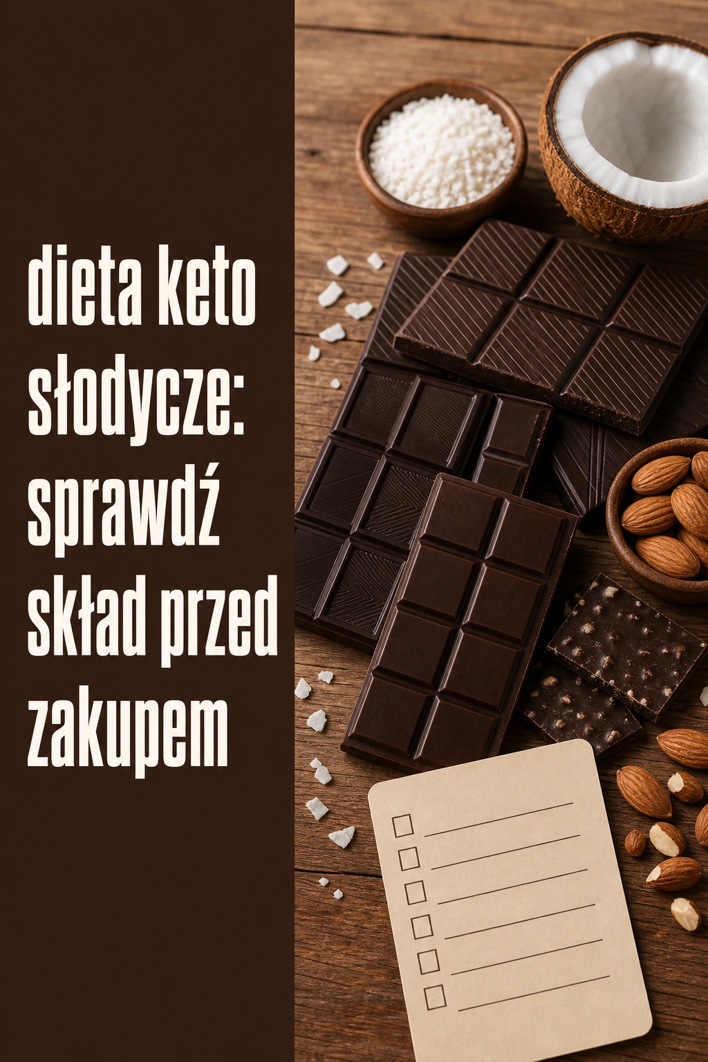 dieta keto słodycze: czekolada, kokos i migdały do porównania składu