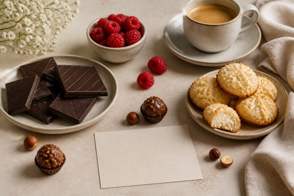 dieta keto słodycze na stole z czekoladą, pralinami i ciastkami