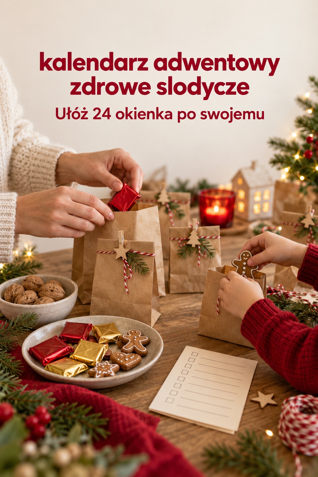 Domowy kalendarz adwentowy z małymi niespodziankami kalendarz adwentowy zdrowe slodycze, rodzinne przygotowanie papierowych paczuszek