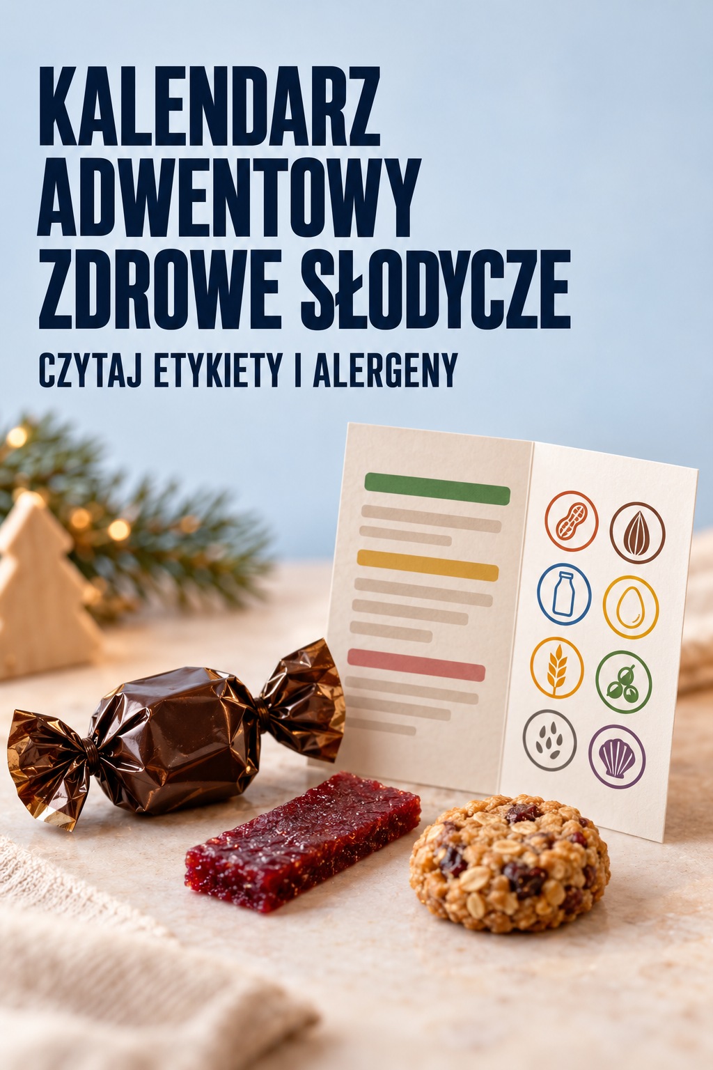 Czytanie etykiety słodyczy do kalendarza kalendarz adwentowy zdrowe slodycze, etykieta alergenów obok czekolady i przekąsek