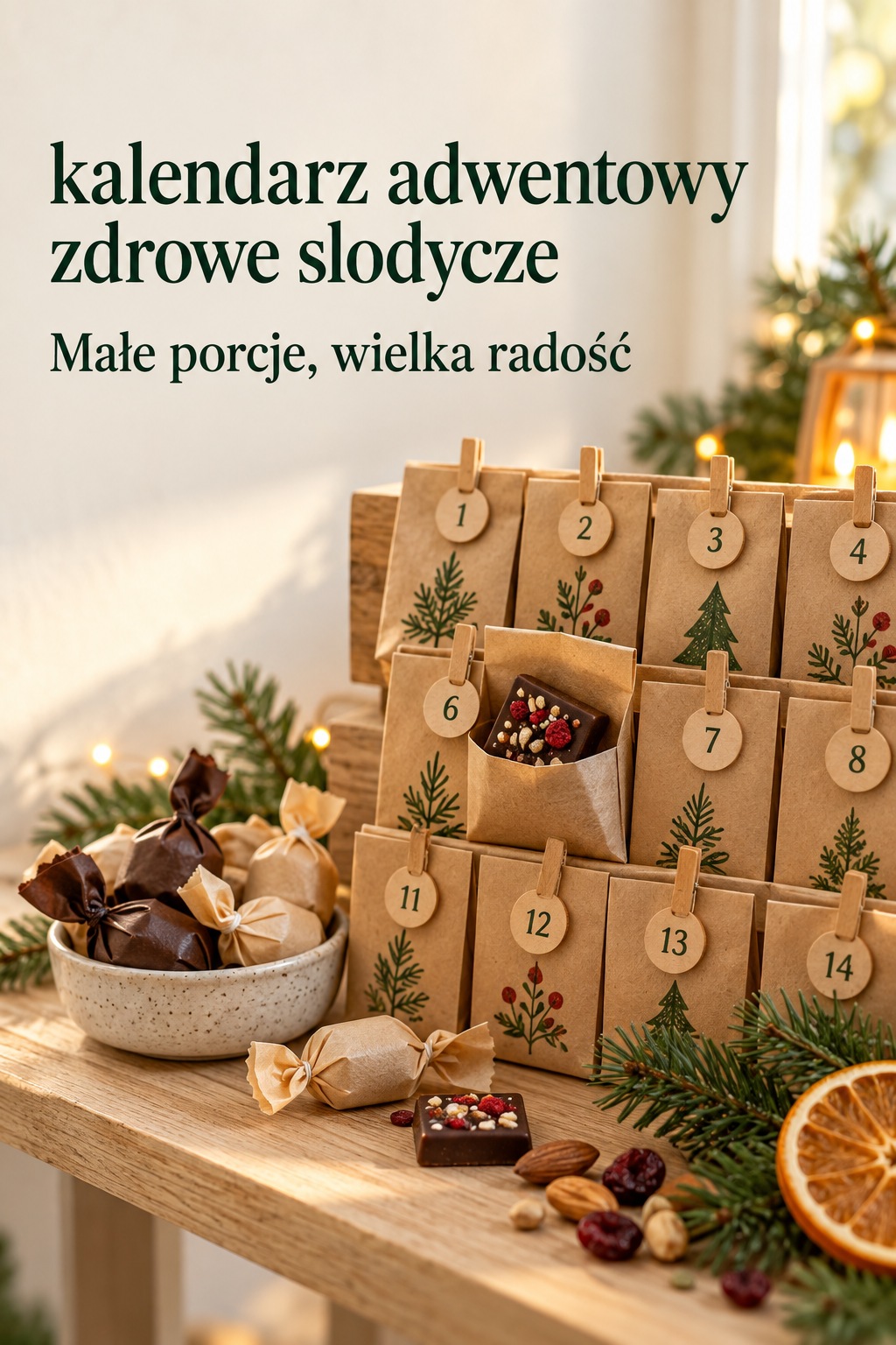Kalendarz adwentowy ze słodyczami w małych porcjach kalendarz adwentowy zdrowe slodycze, papierowe okienka z małymi porcjami czekolady