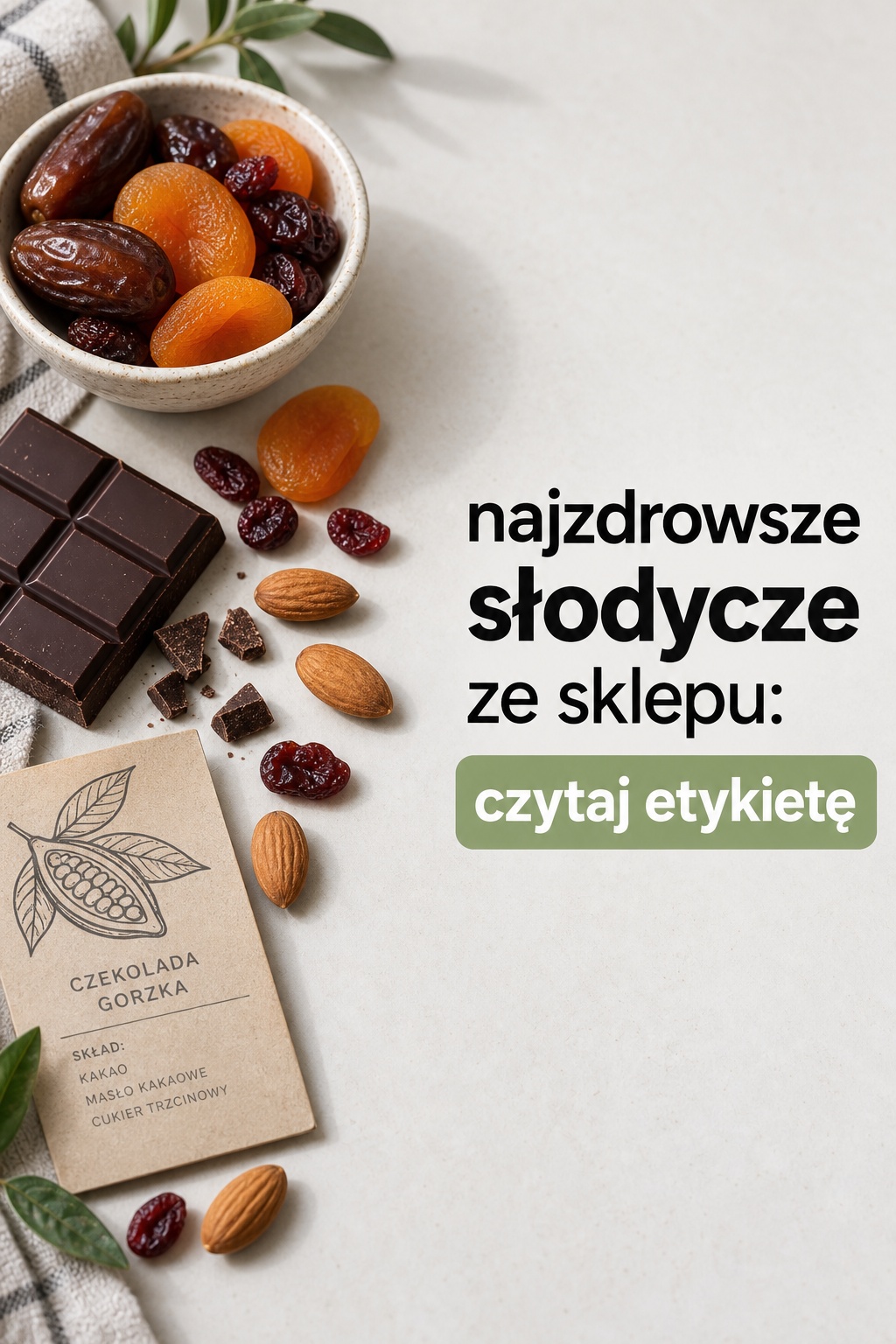 Najzdrowsze słodycze ze sklepu: etykieta najzdrowsze słodycze ze sklepu: suszone owoce, czekolada i migdały
