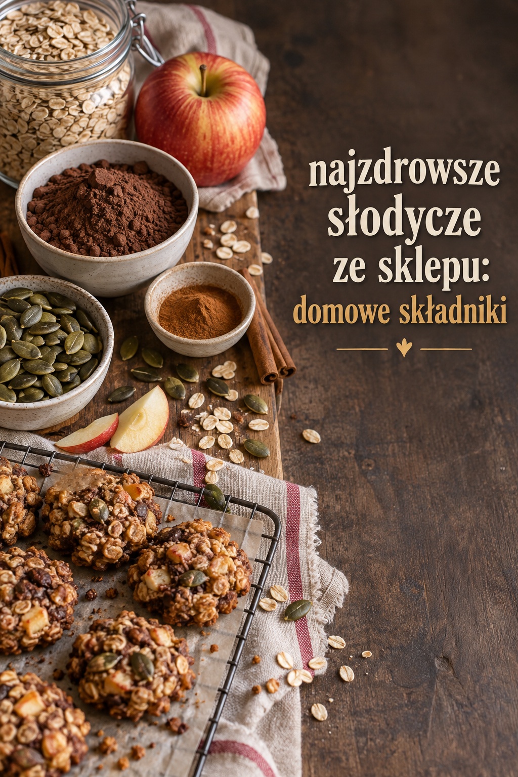 Najzdrowsze słodycze ze sklepu: składniki najzdrowsze słodycze ze sklepu: płatki, jabłko, kakao i ciastka