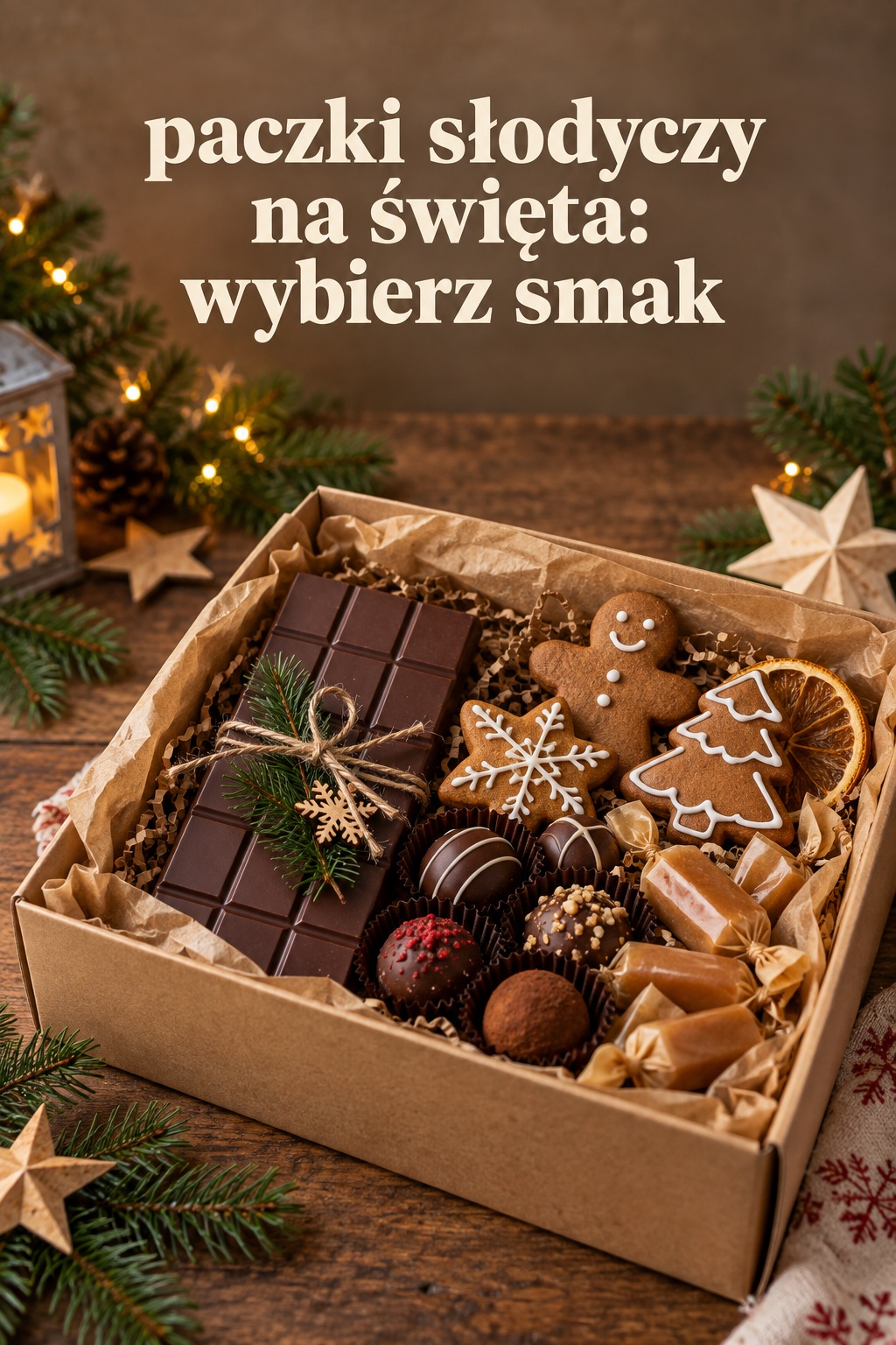 Paczki słodyczy na święta, smak paczki słodyczy na święta, otwarte pudełko z czekoladą i piernikami