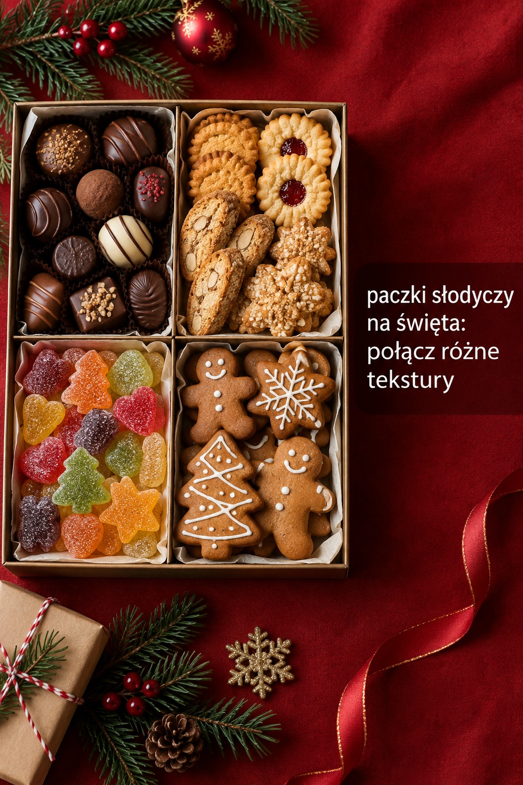 Paczki słodyczy na święta, tekstury paczki słodyczy na święta, czekolada, ciastka, żelki i pierniki