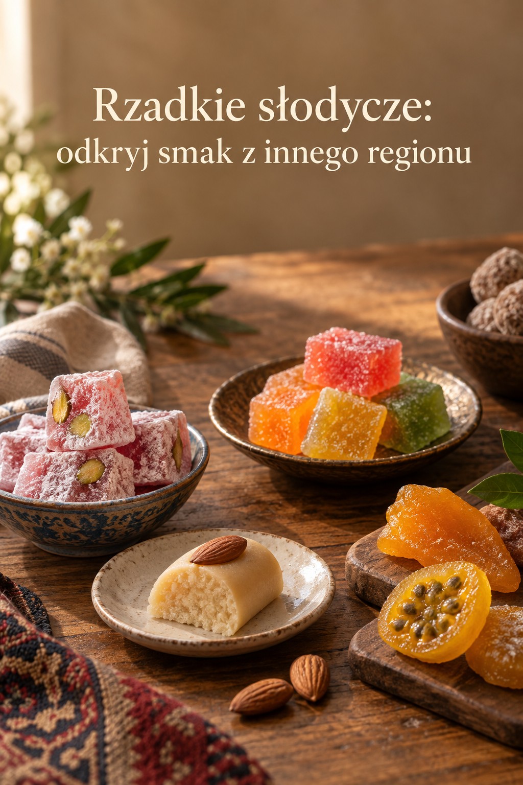 Rzadkie słodycze regionalne smaki Rzadkie słodycze regionalne i egzotyczne smaki na drewnianym stole