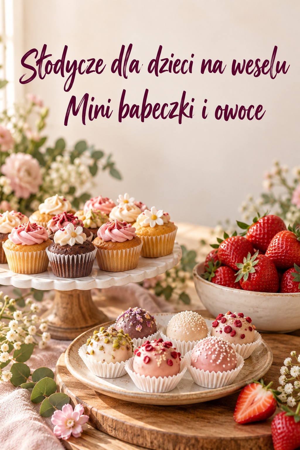 Słodycze dla dzieci na weselu: cake popsy, mini muffiny i truskawki