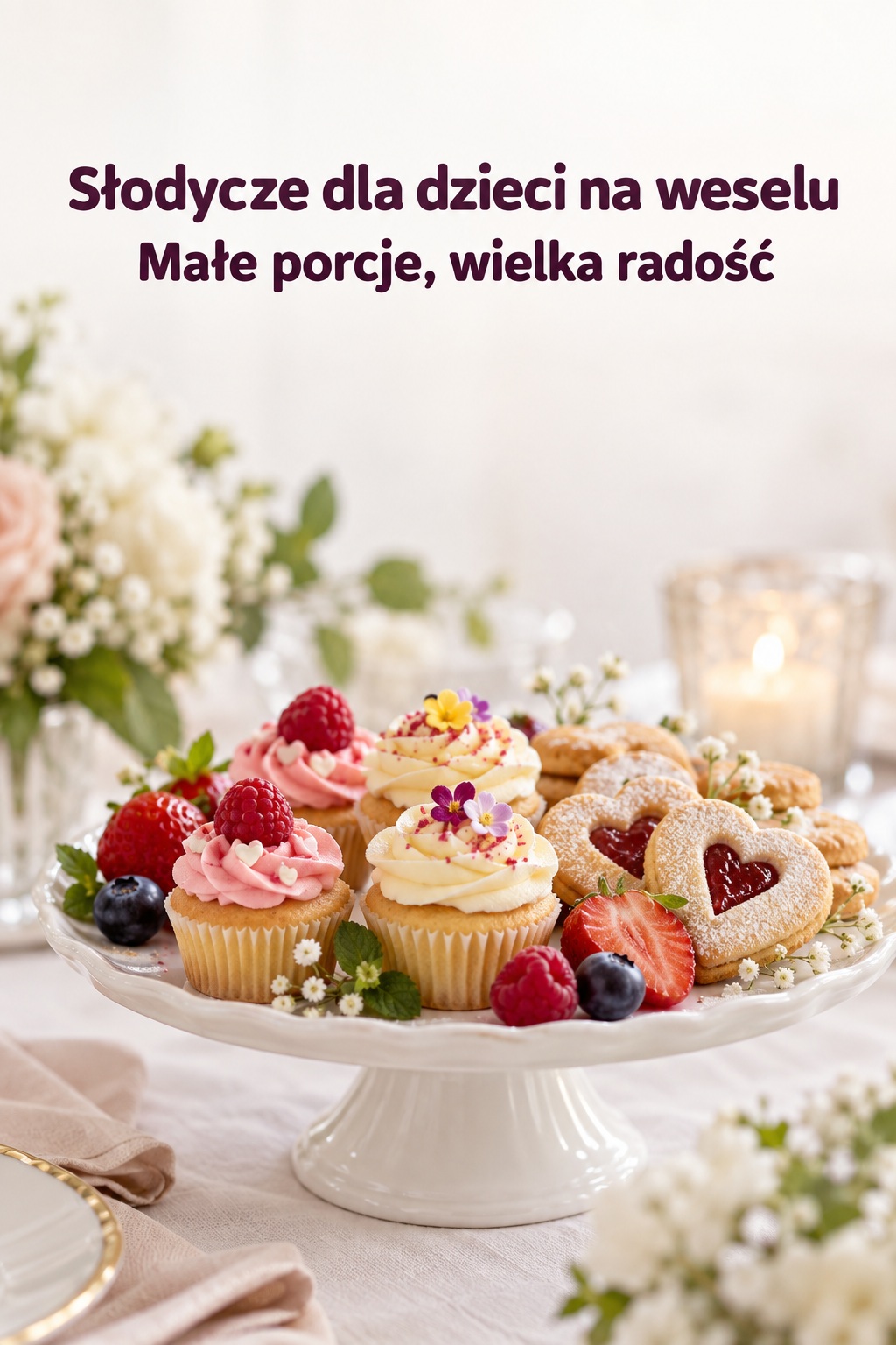 Słodycze dla dzieci na weselu: mini babeczki, kruche ciastka i owoce
